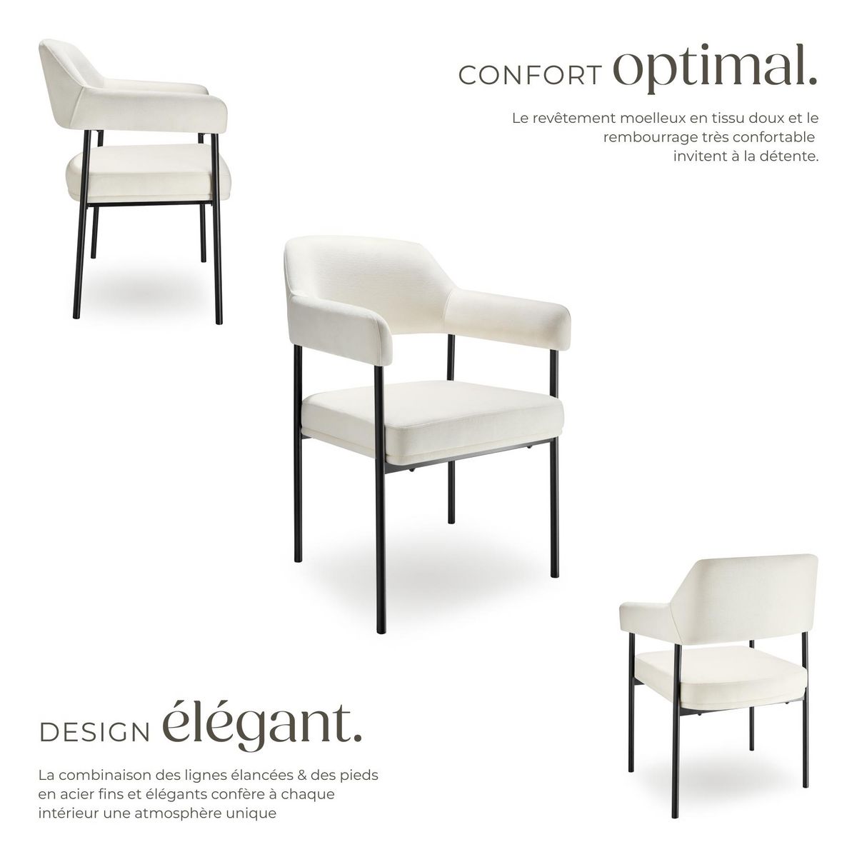 tectake Fauteuil rembourré Tissu blanc cassé/noir Lot de 4