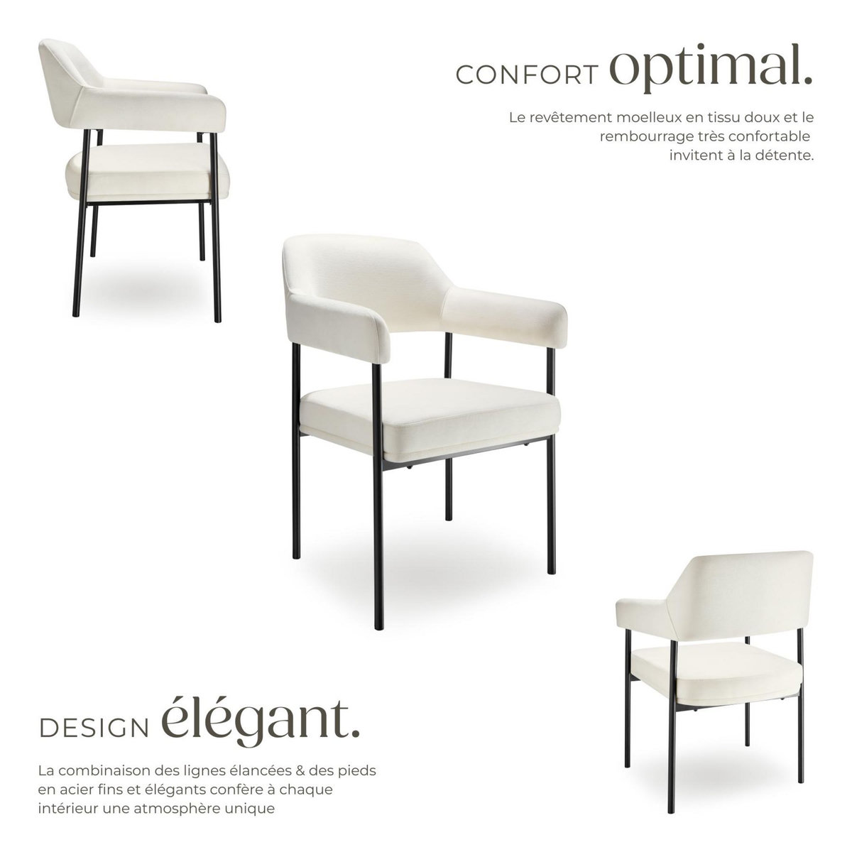 tectake Fauteuil rembourré Tissu blanc cassé/noir Lot de 4