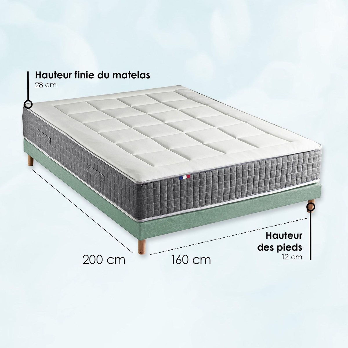 IDLITERIE Matelas ressorts MAX, 7 zones, sommier rigide, pack couette oreiller