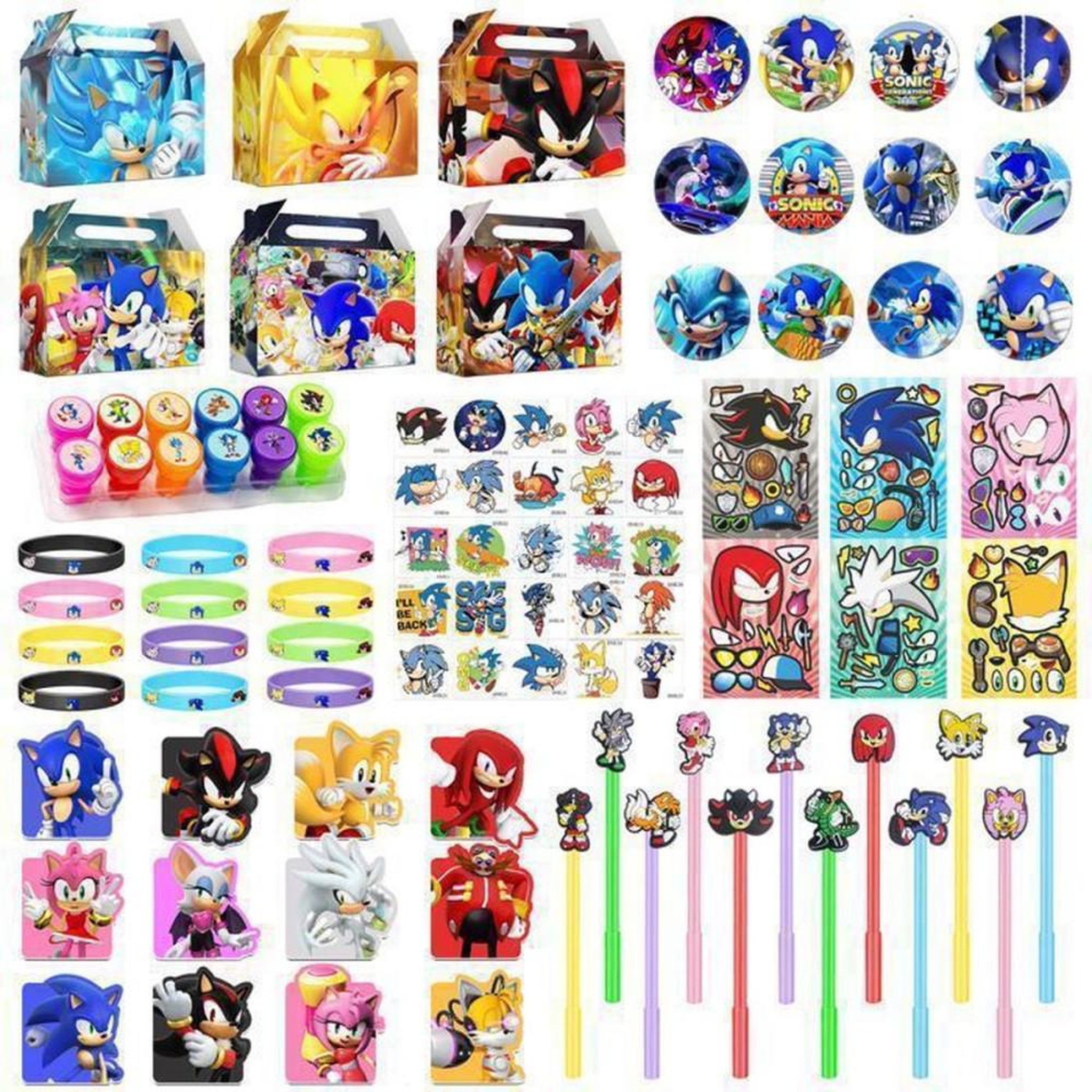 Kit fête à thème Sonic pour 12 enfants : 12 sacs cadeaux, 25 tatouages éphémères, badges, stickers et carnets