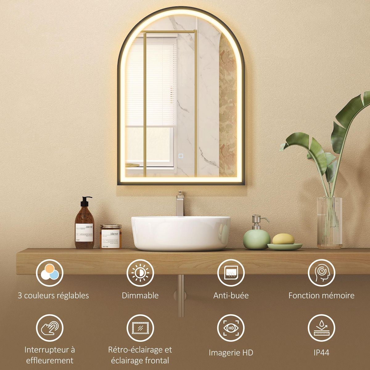 HOMCOM Miroir salle de bain LED design arche 50 x 70 cm anti-buée dimmable tactile réglable verre trempé alu noir