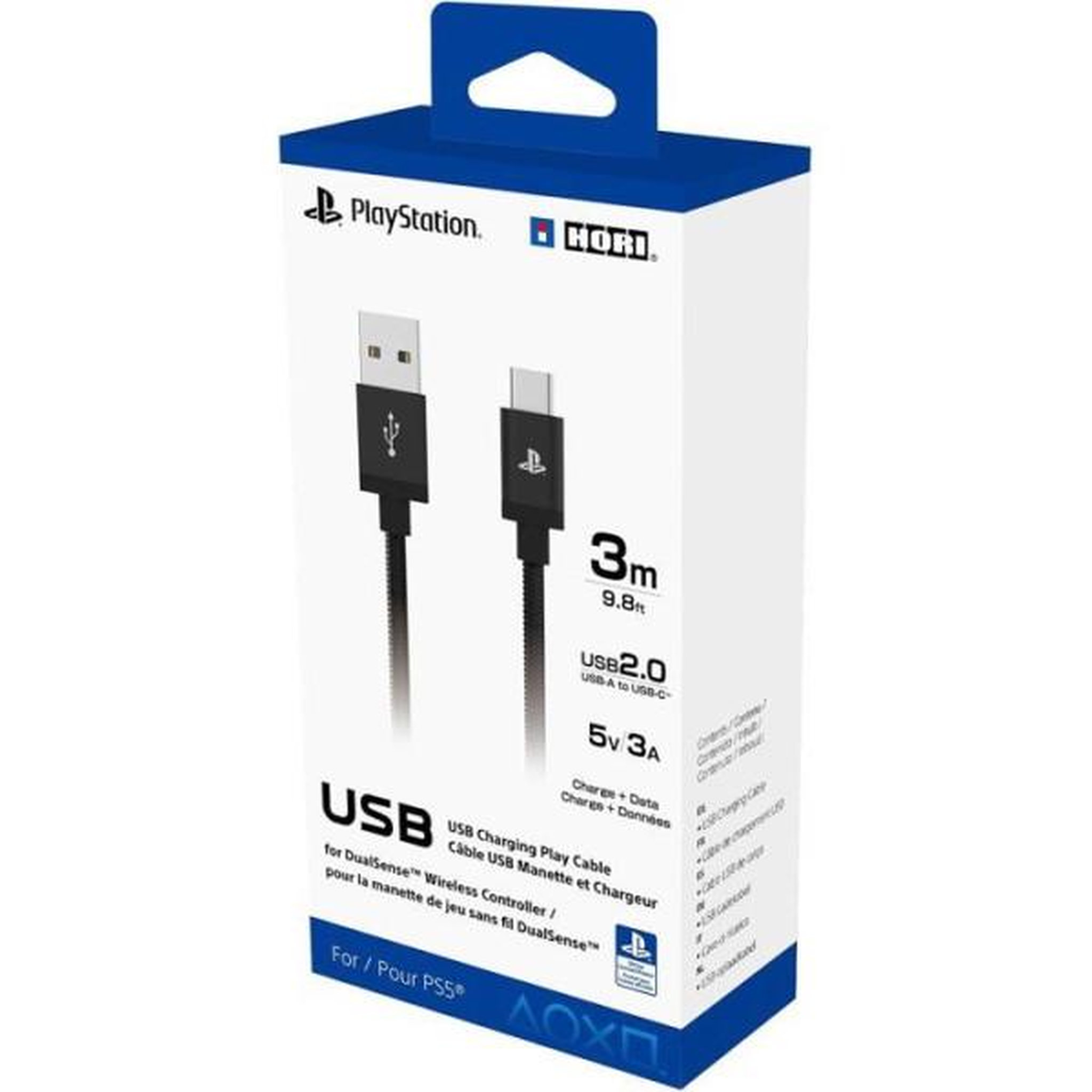 HORI Câble de charge USB-A a USB-C - Hori - PlayStation pour manette DualSense PS5 - Puissance 5 V/3 A- Longueur 3 m - Noir