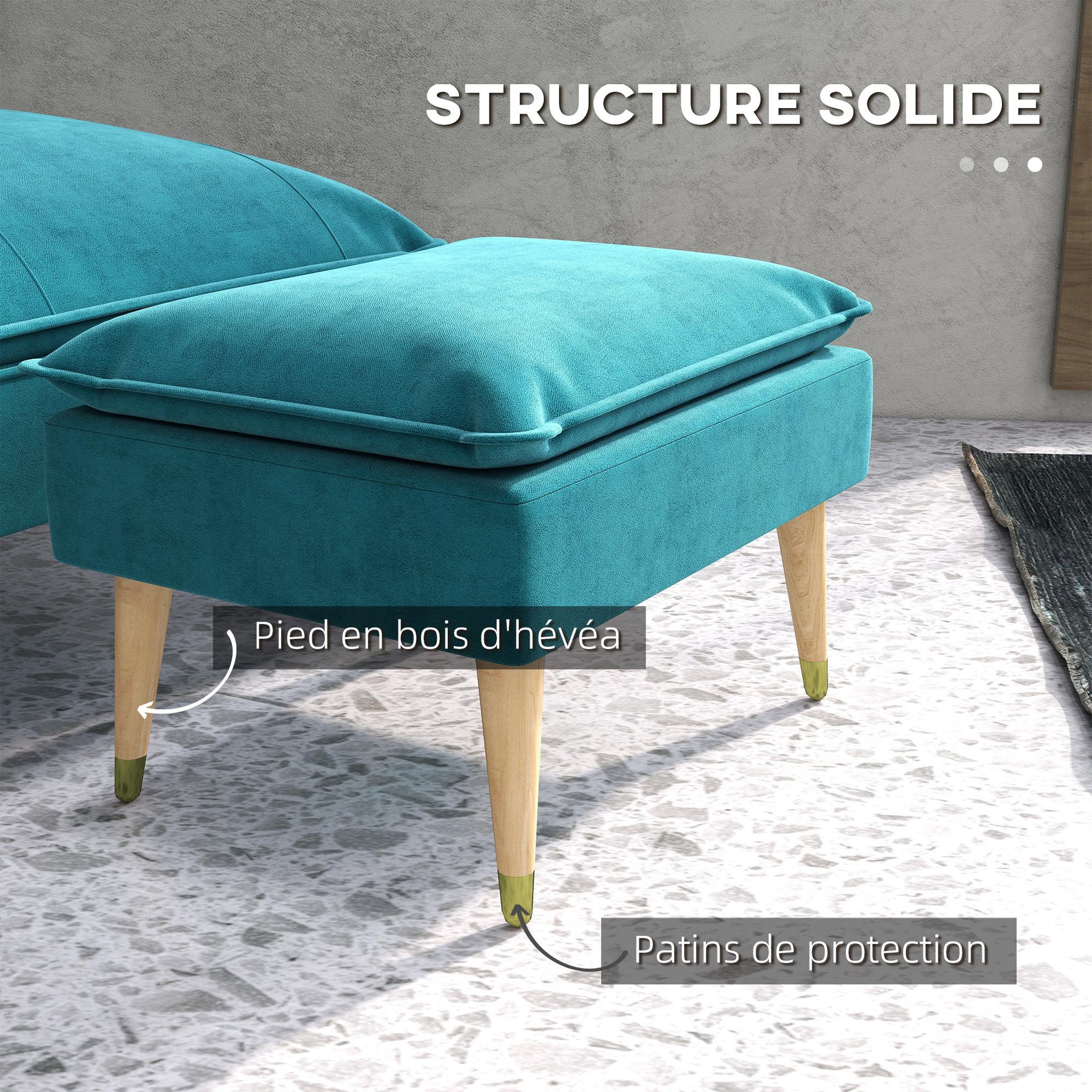 Voir la diapositive 6 : HOMCOM Fauteuil design scandinave grand confort - repose-pied inclus - piètement effilé incliné bois hévéa velours turquoise