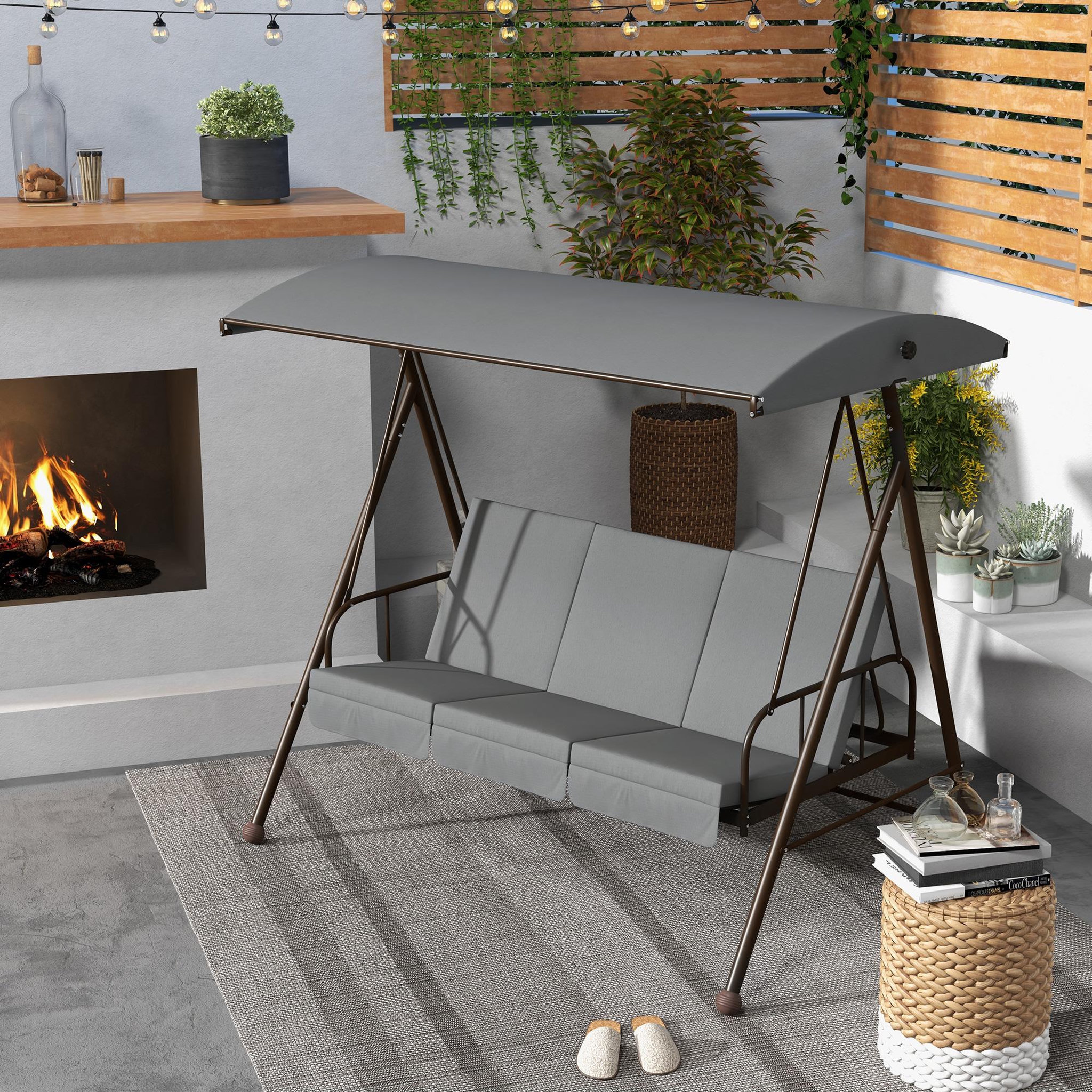 Voir la diapositive 2 : OUTSUNNY Balancelle de jardin convertible 3 places grand confort 3 coussins toit réglable acier polyester gris
