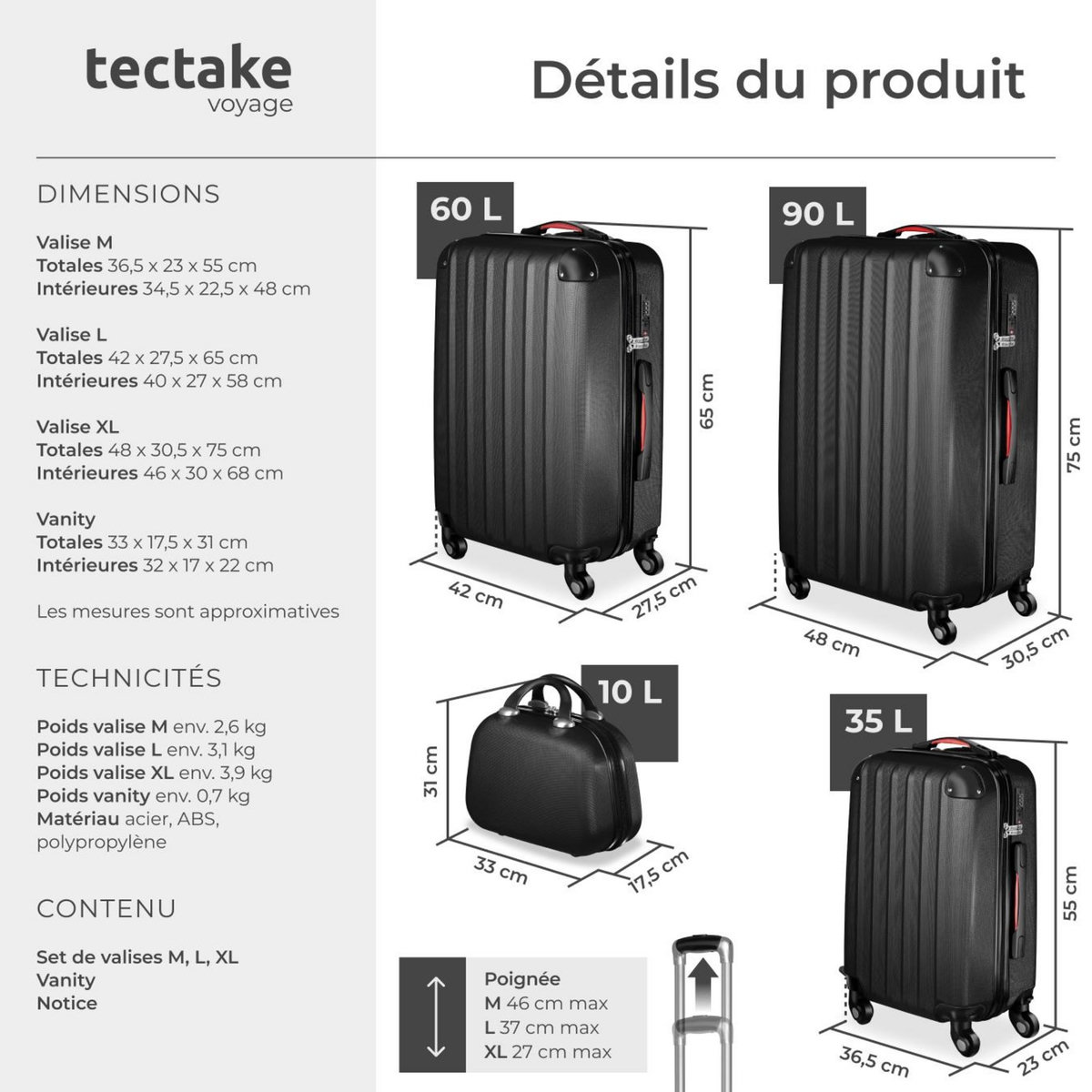 tectake Set de valises trolley rigides 4 pièces, 3 trolleys et une trousse de beauté en plastique ABS robuste noir