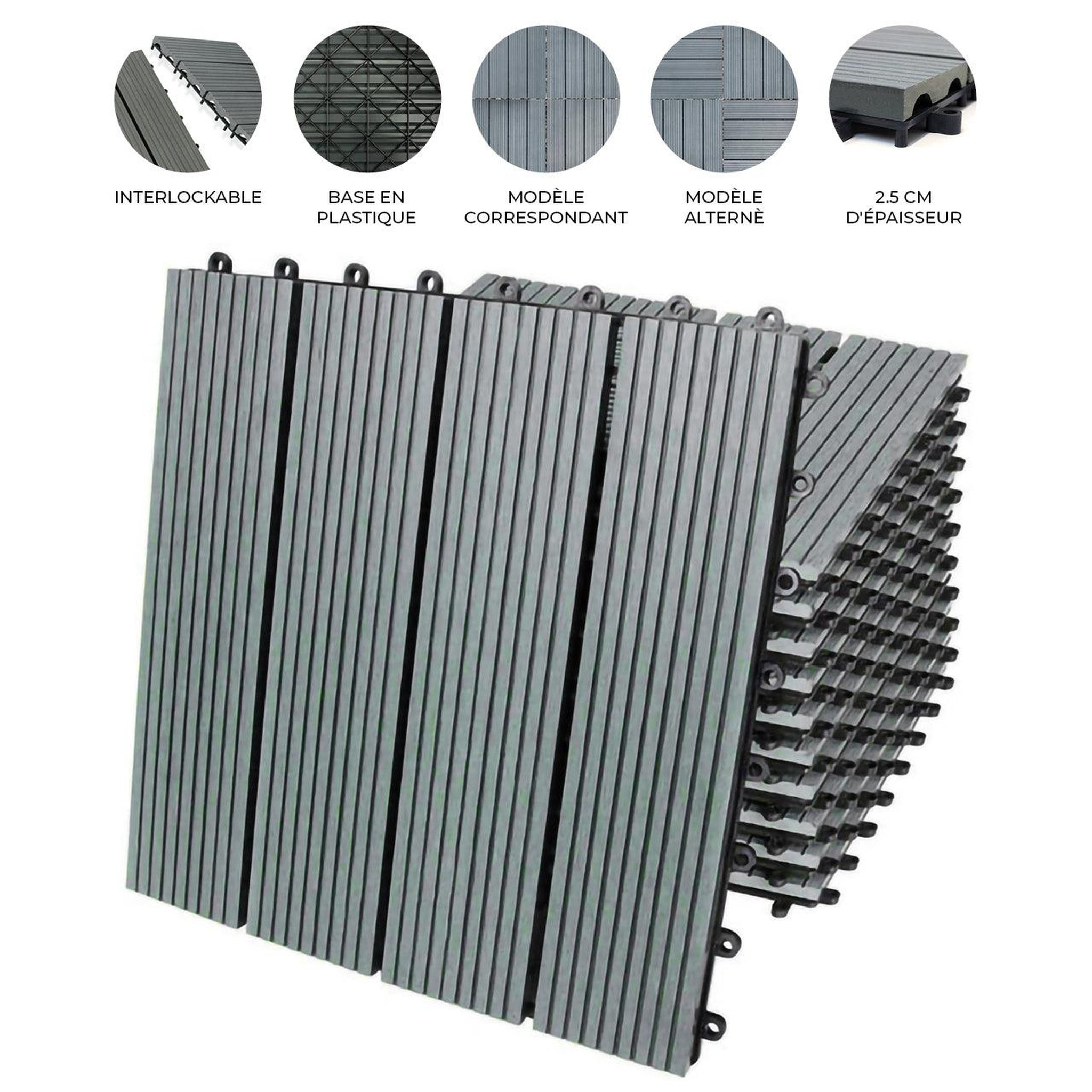 Voir la diapositive 2 : MONSTERSHOP 33 dalles en bois composite gris 30 x 30 cm