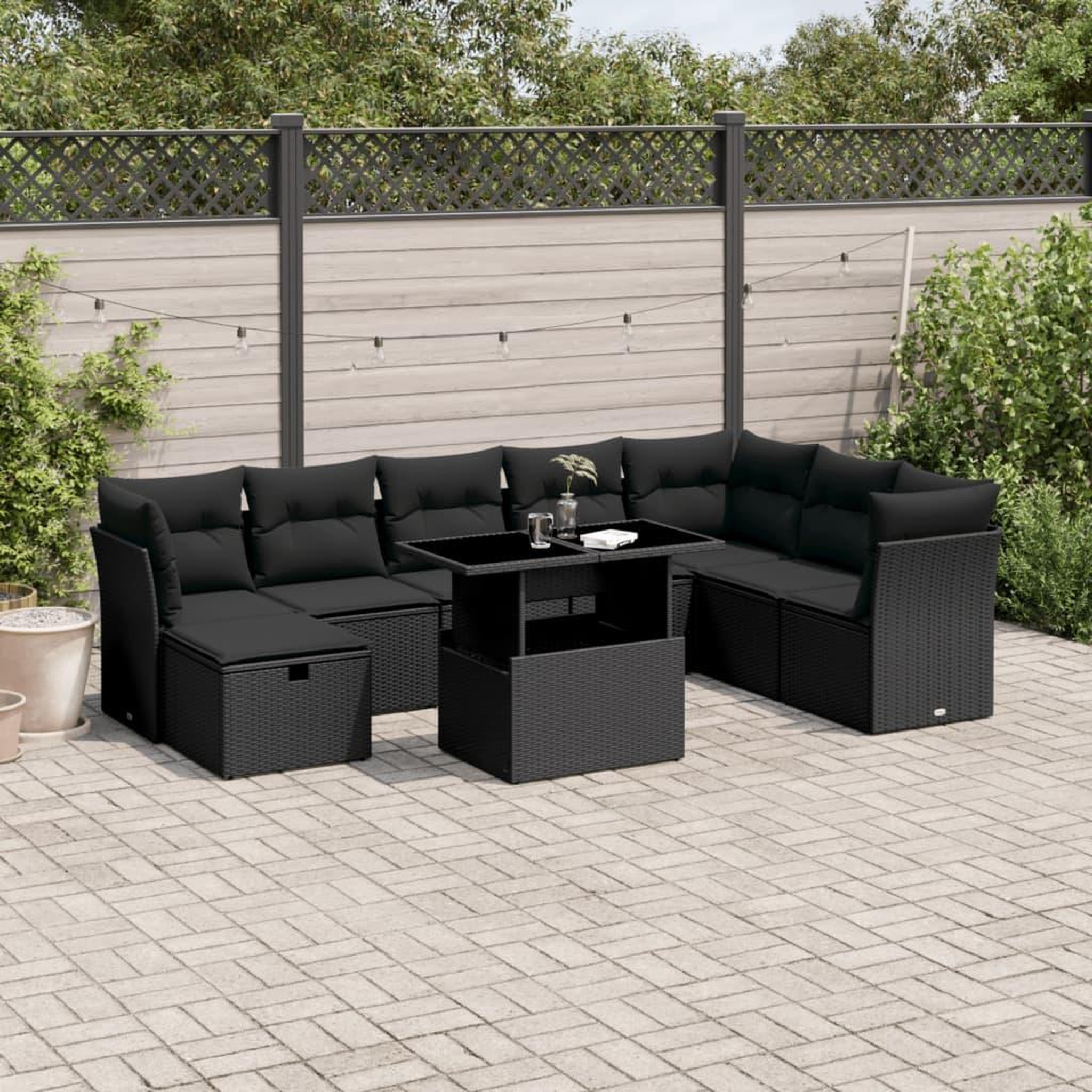 VIDAXL Salon de jardin 9 pcs avec coussins noir resine tressee