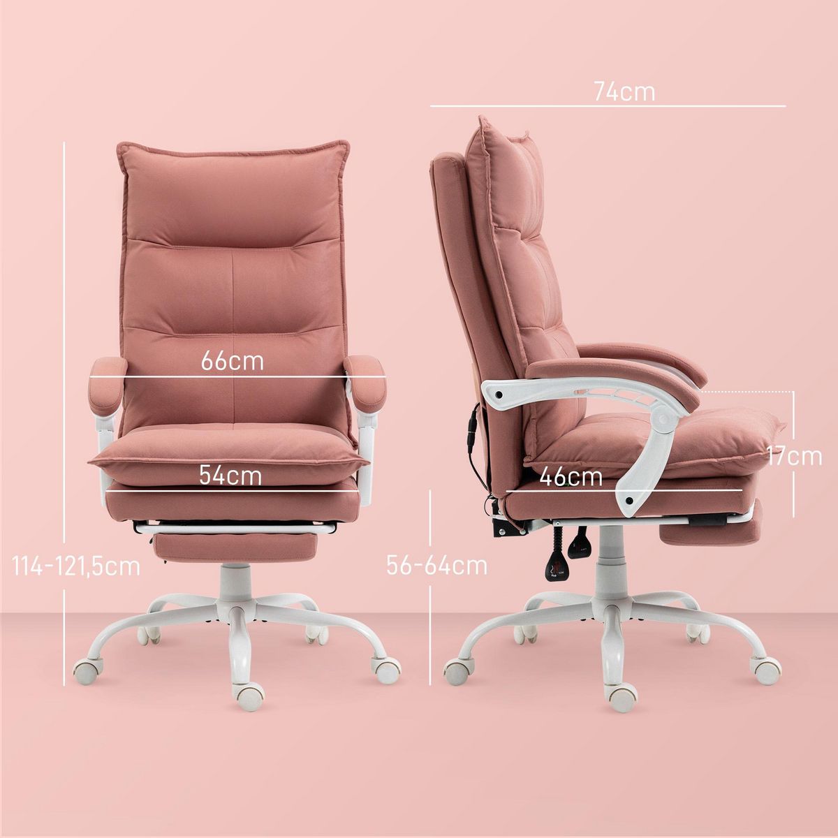 VINSETTO Fauteuil de bureau massant chauffant inclinable réglable repose-pieds rétractable microfibre rose