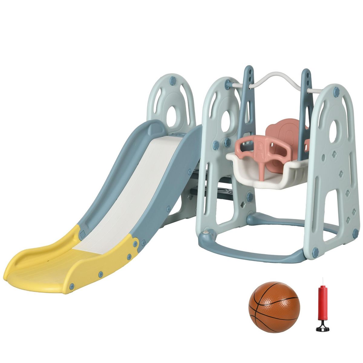 HOMCOM Portique enfant toboggan et balançoire avec panier de basket-ball aire de jeux 3 en 1 usage intérieur et extérieur dim. 200 x 150 x 100 cm