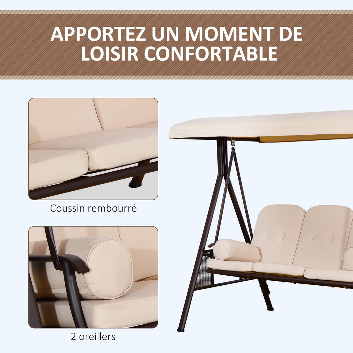 OUTSUNNY Balancelle de jardin 3 places grand confort toit inclinaison réglable coussins plateaux rétractables polyester filé beige