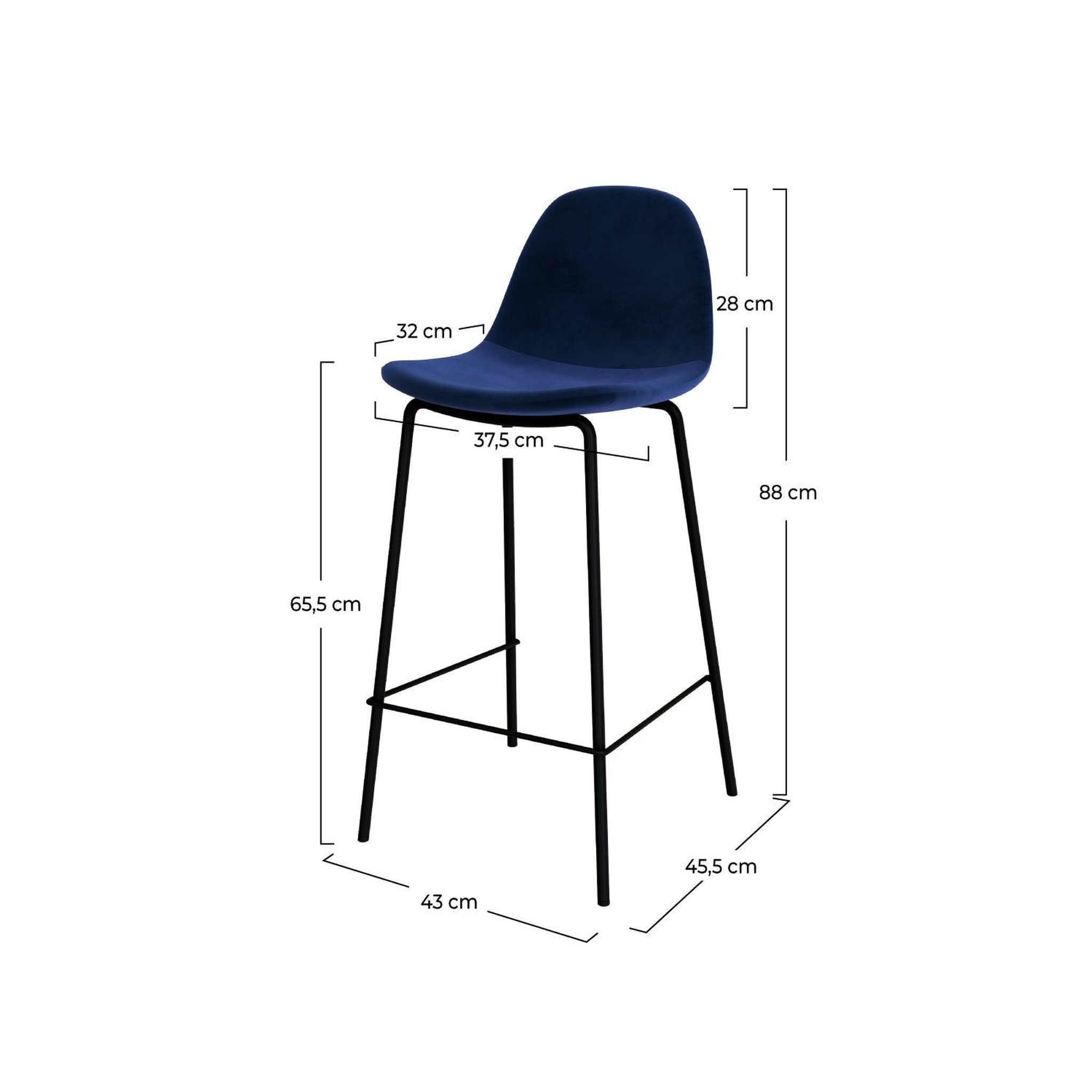Voir la diapositive 4 : MAISON PAVANE Lot de 2 chaises pour îlot central 65 cm en velours bleu foncé-henrik