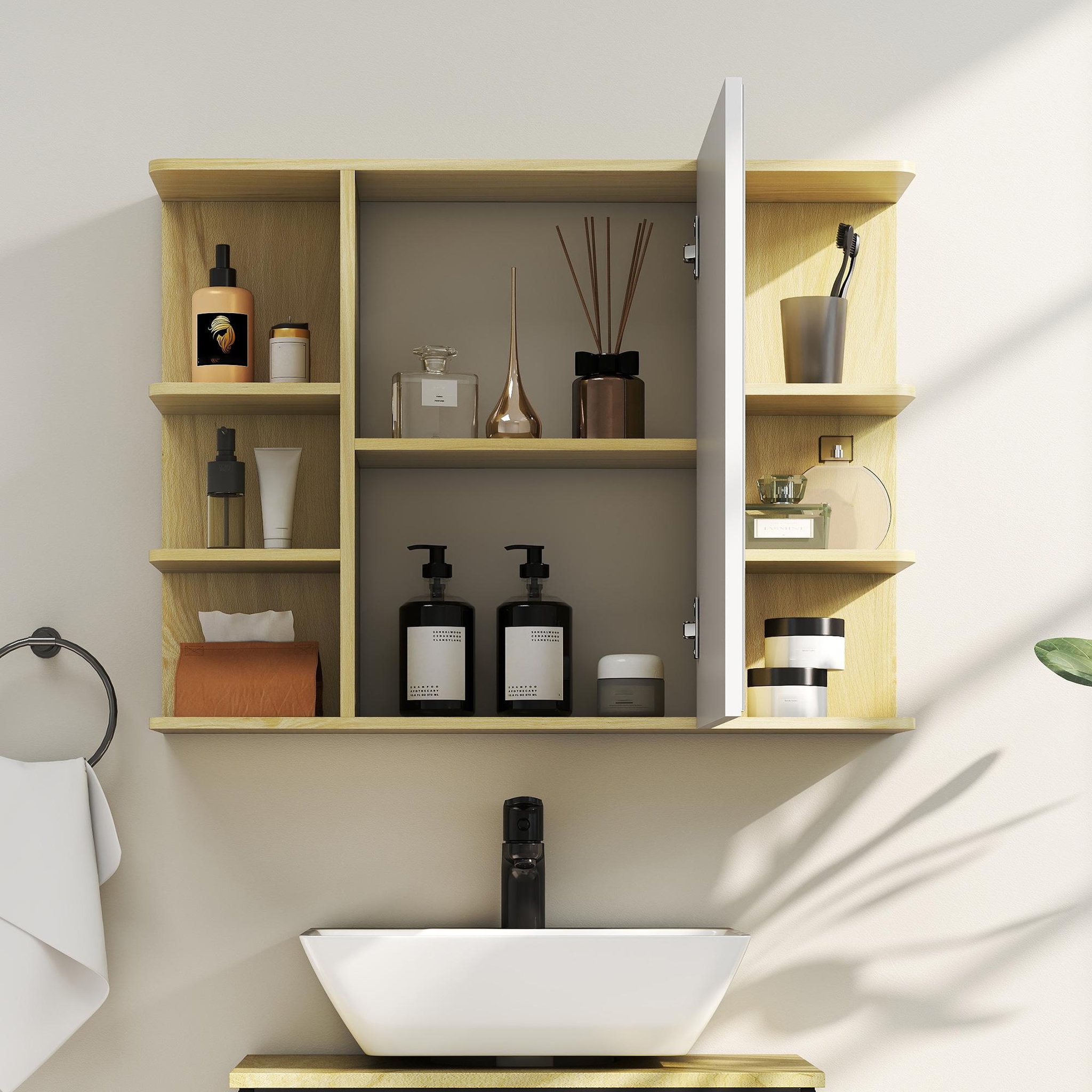 Voir la diapositive 5 : HOMCOM Armoire miroir murale salle de bain - porte, étagère, 2x3 tablettes latérales - 80 x 20 x 59 cm - effet bois clair
