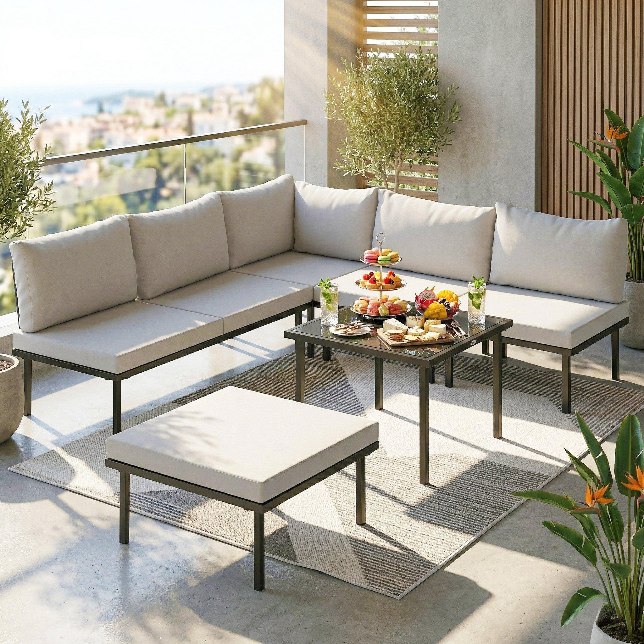 Voir la diapositive 6 : OUTSUNNY Salon de jardin d'angle modulable 6 places avec repose-pieds table basse