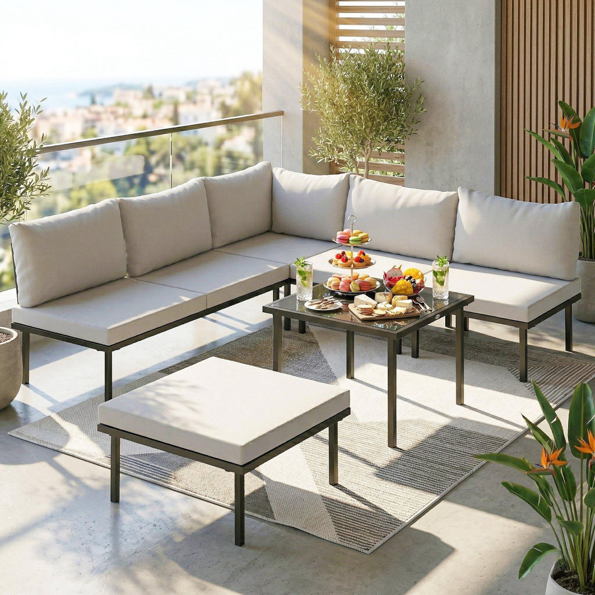 OUTSUNNY Salon de jardin d'angle modulable 6 places avec repose-pieds table basse