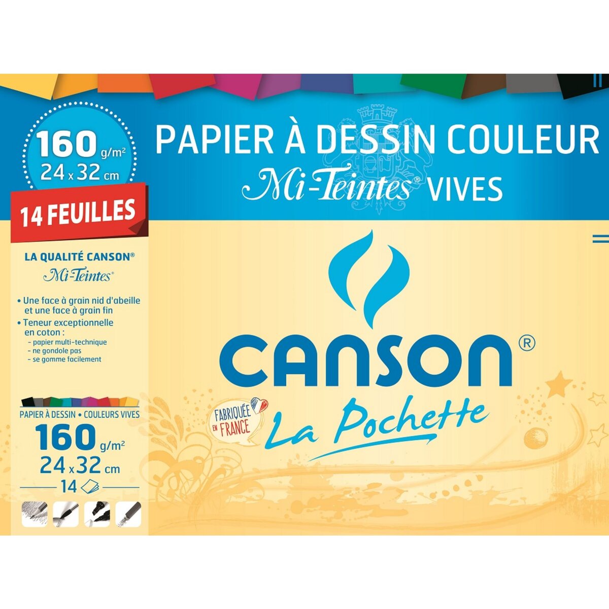 CANSON Pochette papier à dessin mi-teintes couleurs vives 14 feuilles  24x32cm 160g/m2 pas cher 