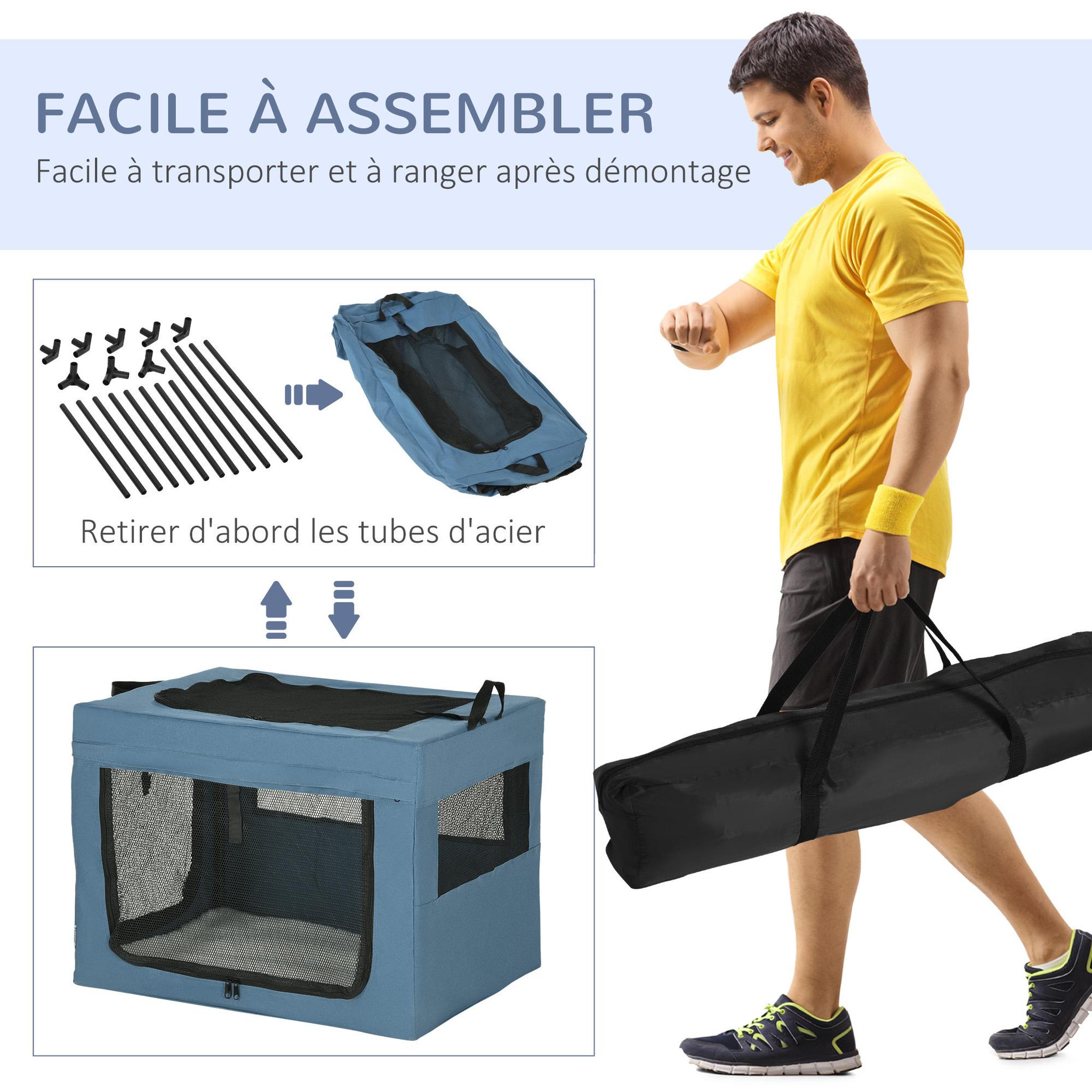 Voir la diapositive 6 : PAWHUT Sac de transport pliable pour chien chat - 2 poignées, 3 portes - dim. 69l x 51l x 51h cm - acier polyester bleu