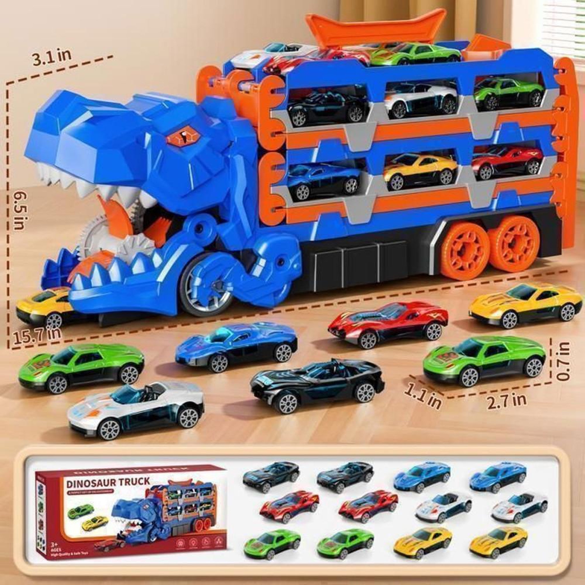 Voir la diapositive 4 : Camion dinosaure piste et catapulte avec 3 niveaux de transport et 12 mini voitures en ABS