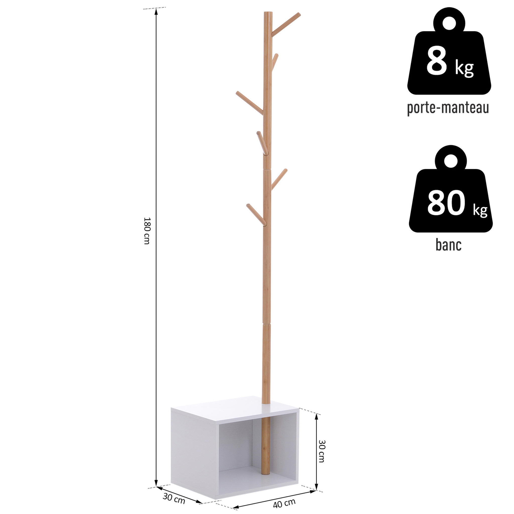 Voir la diapositive 3 : HOMCOM HOMCOM Meuble rangement porte-manteaux 2 en 1 design contemporain cosy dim. 40L x 30l x 180H cm MDF blanc bois massif bambou
