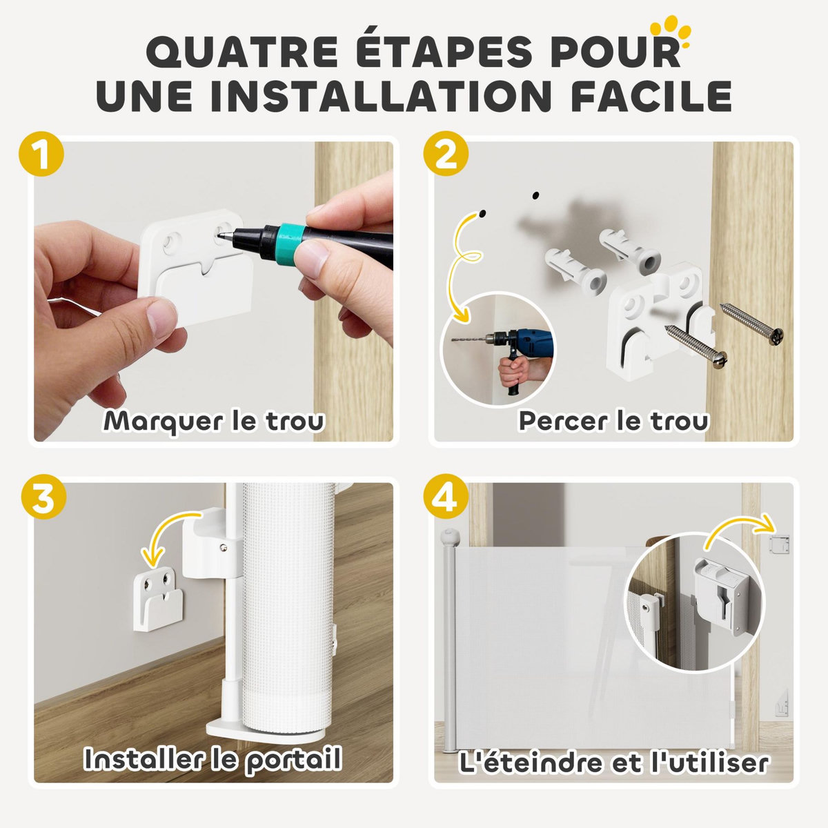 PAWHUT Barrière de sécurité chien rétractable 0-144 cm H.87 cm verrouillage auto alu PVC blanc