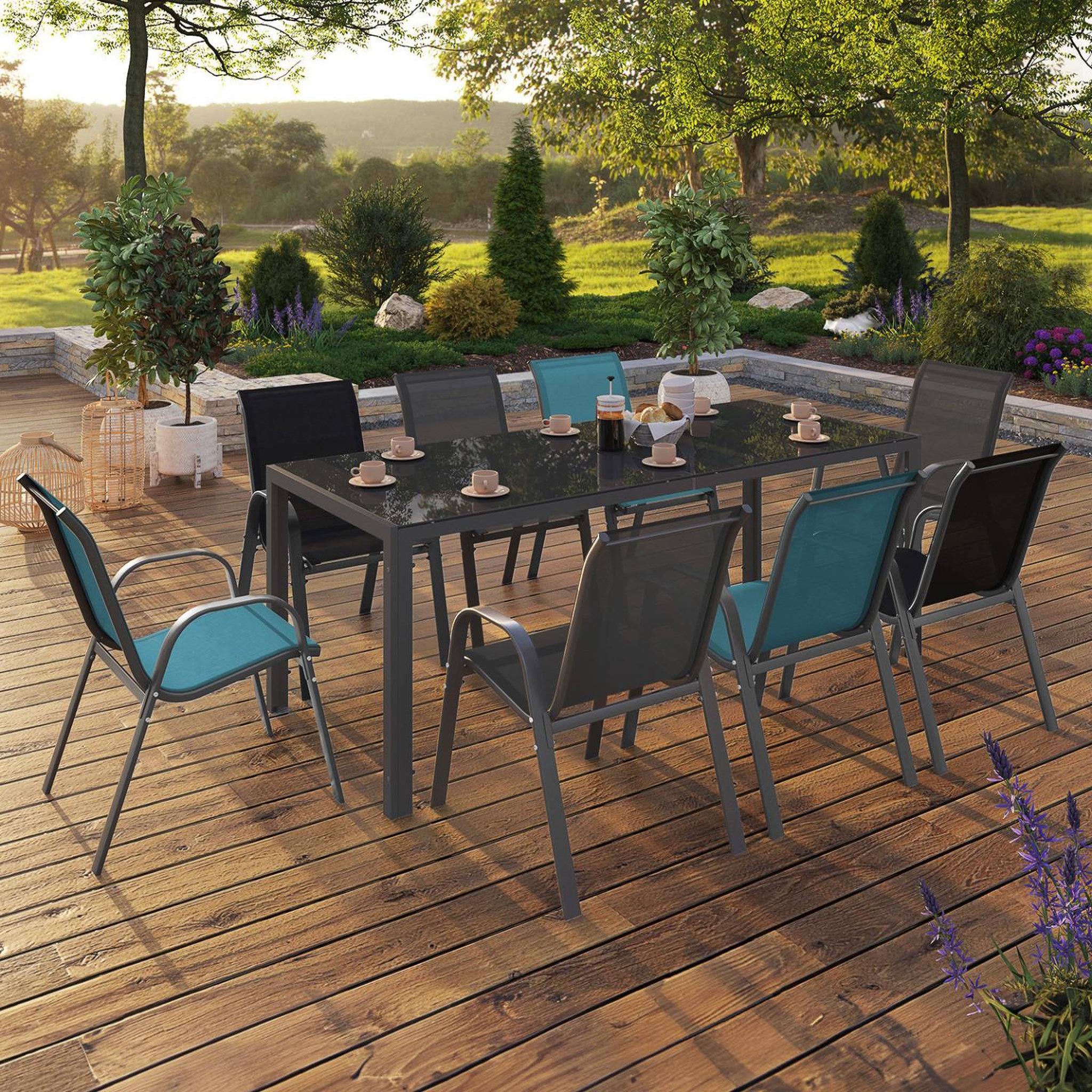 Voir la diapositive 2 : ID MARKET Salon de jardin madrid table 190 cm et 8 chaises empilables mix color bleu, gris et noir