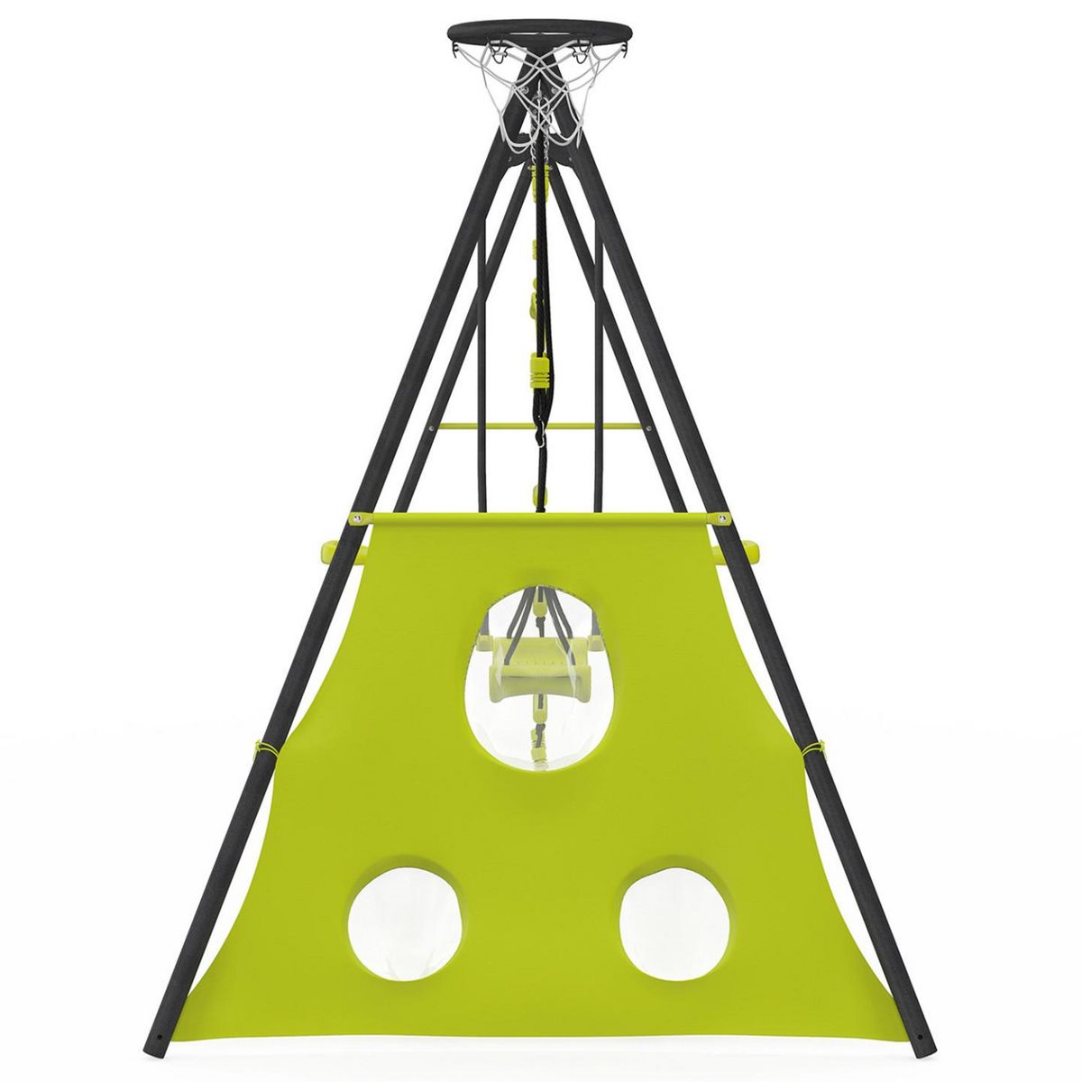 ID MARKET Balançoire 4 agrès portique avec balançoire face à face trapèze échelle panier de basket et buts de foot