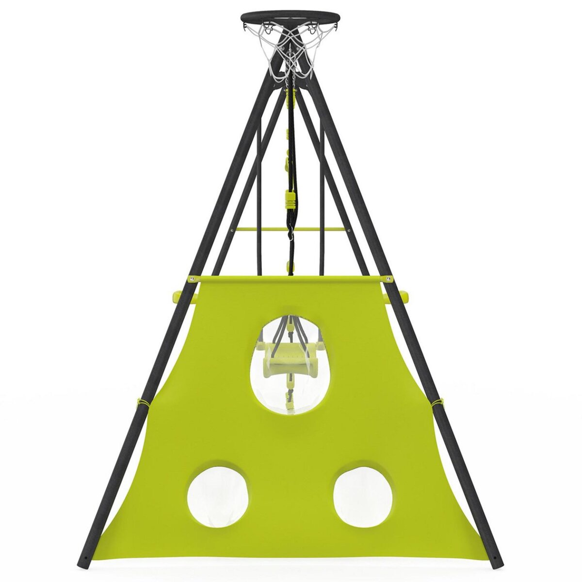 ID MARKET Balançoire 4 agrès portique avec balançoire face à face trapèze échelle panier de basket et buts de foot
