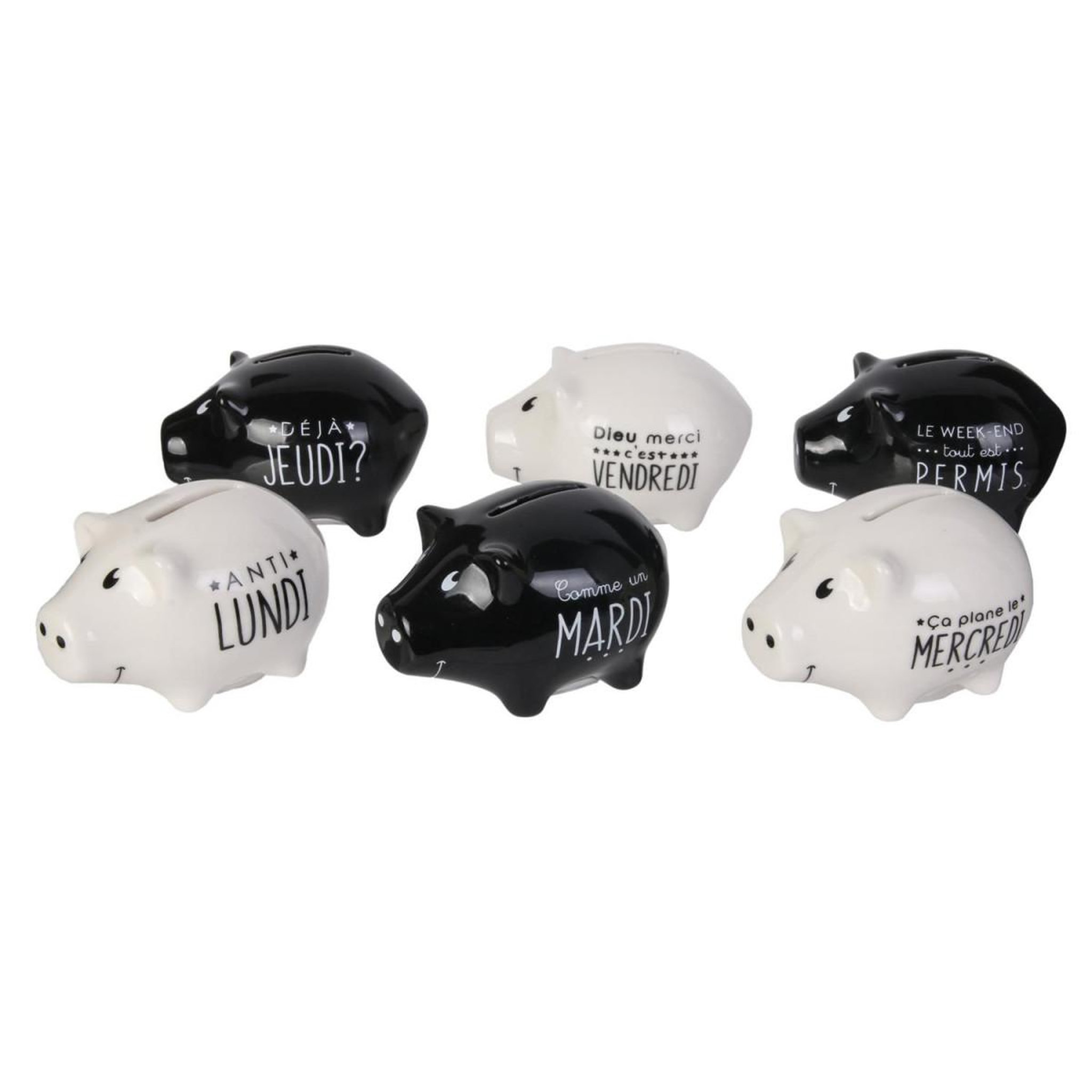 The concept Factory Lot de 6 Tirelires  Cochon Semainier  7cm Noir & Blanc