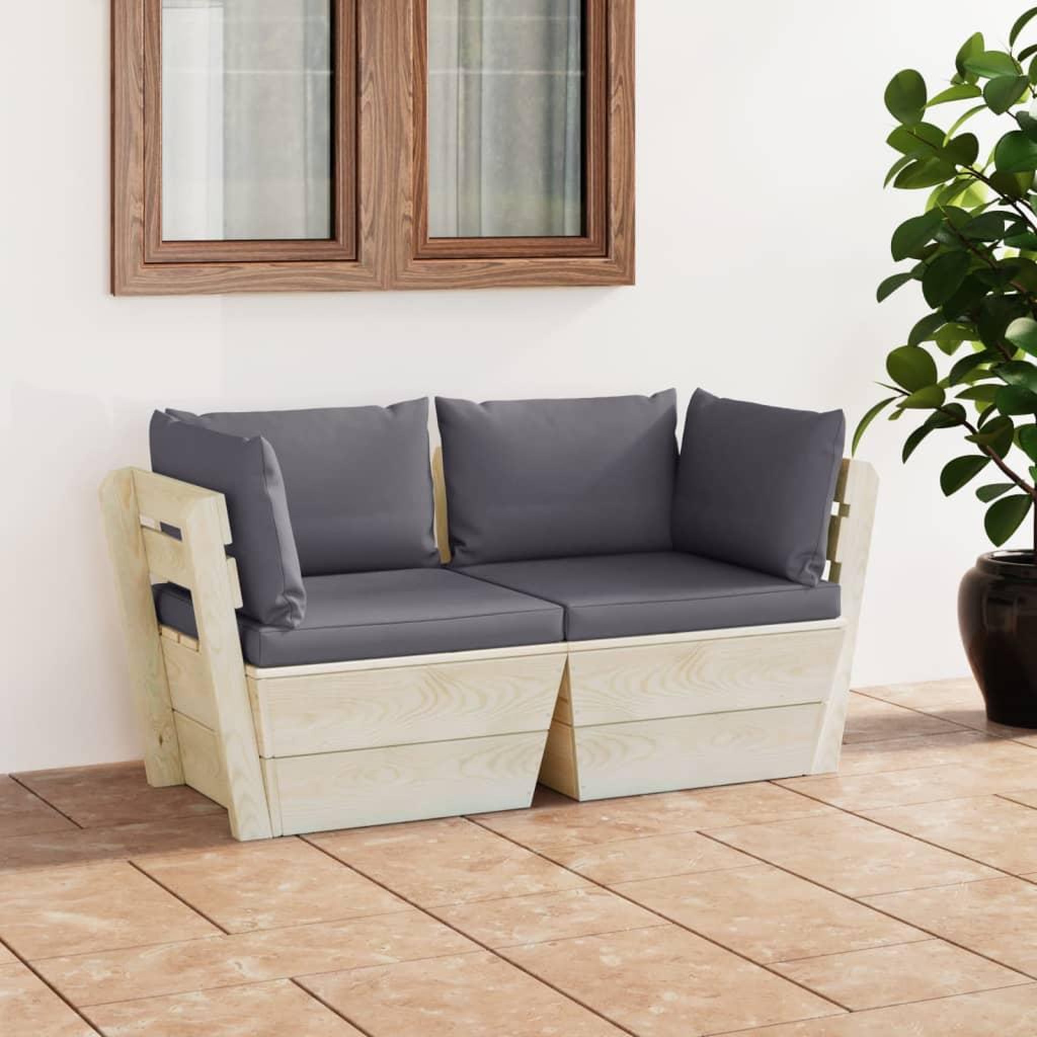 Voir la diapositive 1 : VIDAXL Canape palette a 2 places de jardin avec coussins Bois d'epicea