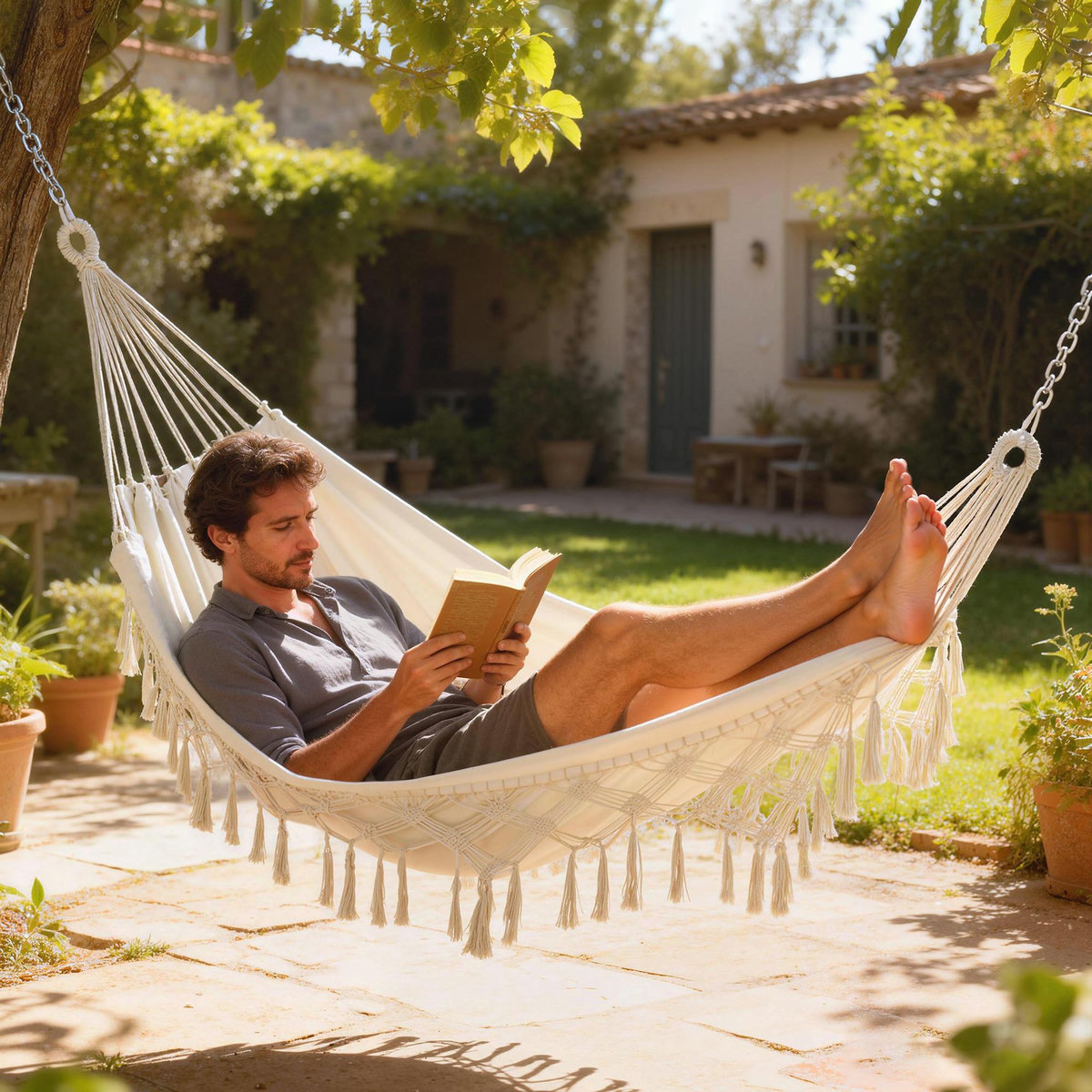 OUTSUNNY Hamac de voyage portable style bohème chic toile de hamac dim. totales 2,88L x 1,5l m coton polyester beige