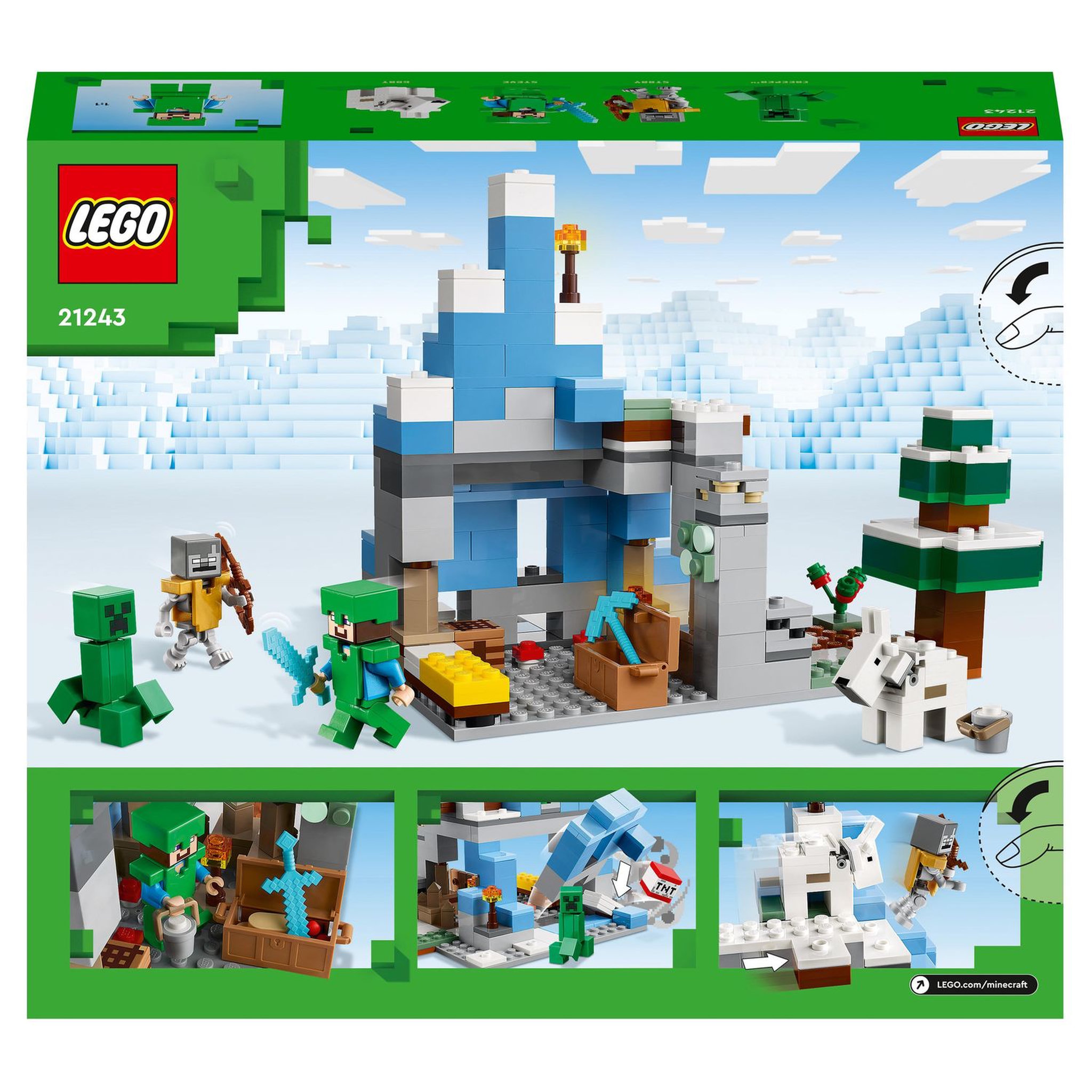 Voir la diapositive 8 : LEGO Minecraft 21243 Les pics gelés, Jouet Garçons et Filles 8 Ans, Cavernes des Montagnes, avec Figurines Steve, Creeper et Chèvre, et TNT, Biome Glacé