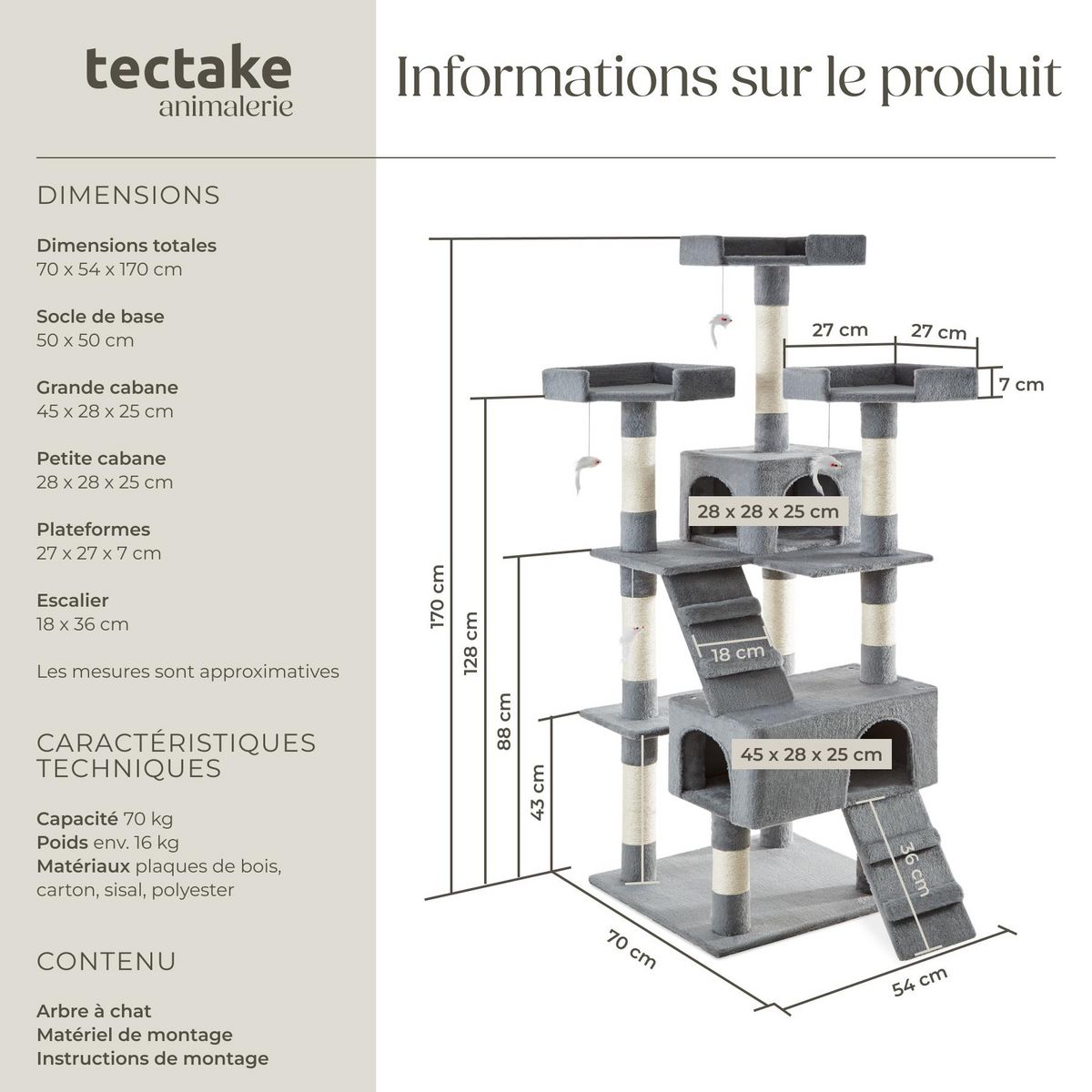 tectake Arbre à chat 170 cm avec griffoir et plateforme d'escalade gris