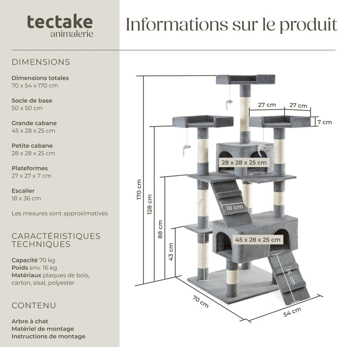 tectake Arbre à chat 170 cm avec griffoir et plateforme d'escalade gris