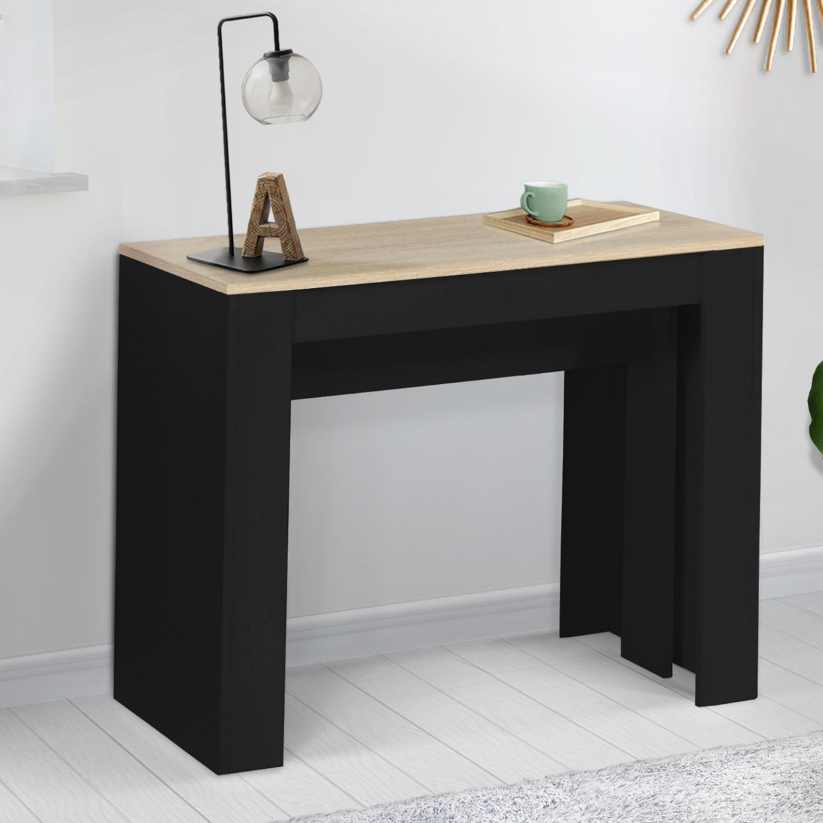 ID MARKET Table console extensible ORLANDO 14 personnes 300 cm bois noir et façon hêtre