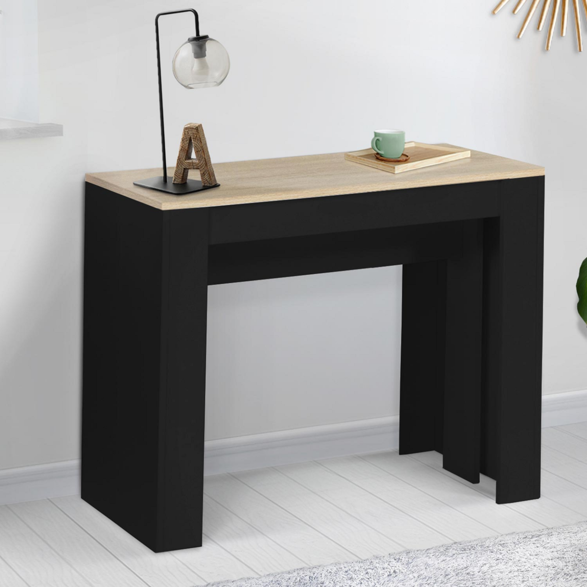 ID MARKET Table console extensible ORLANDO 14 personnes 300 cm bois noir et façon hêtre