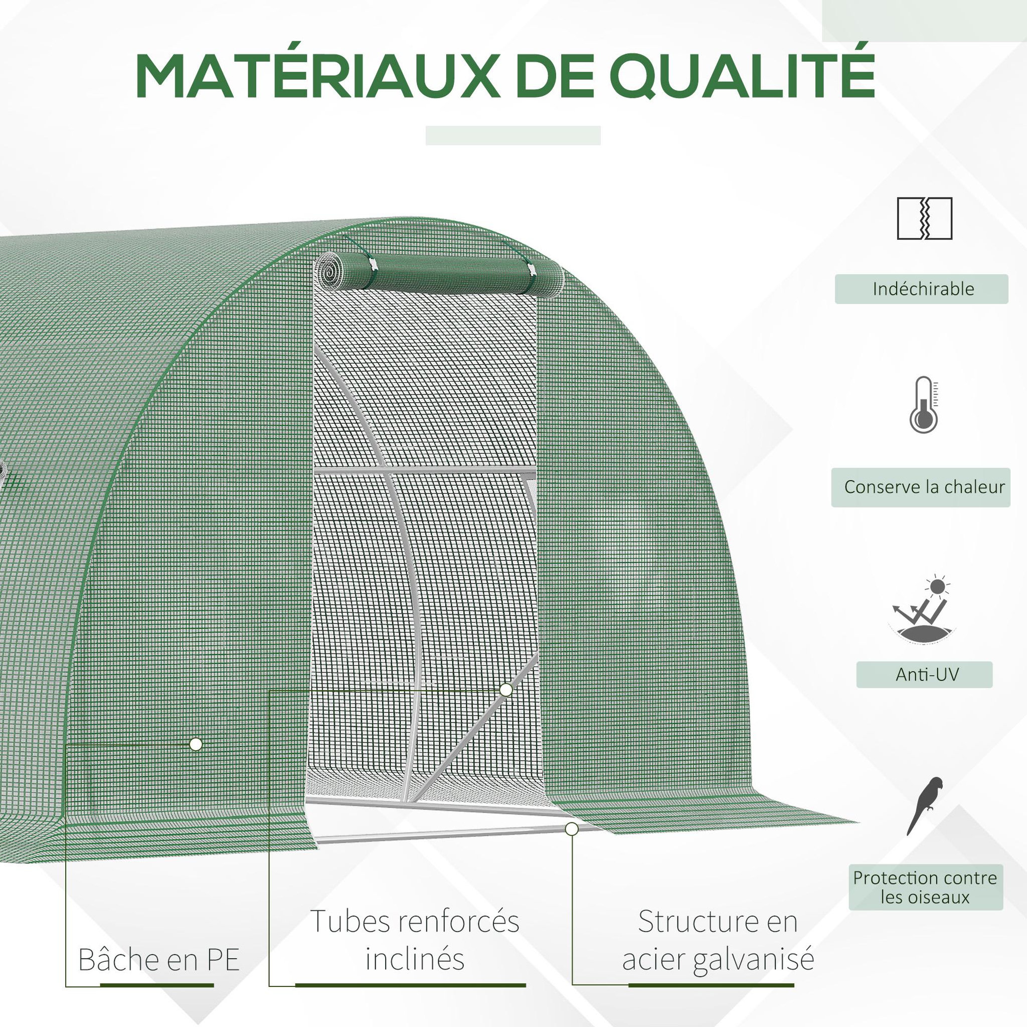 Voir la diapositive 4 : OUTSUNNY Serre tunnel 13,5 m² dim. 4,5 x 3 x 2 m - 6 fenêtres, porte zippée enroulable - acier galvanisé pe haute densité vert
