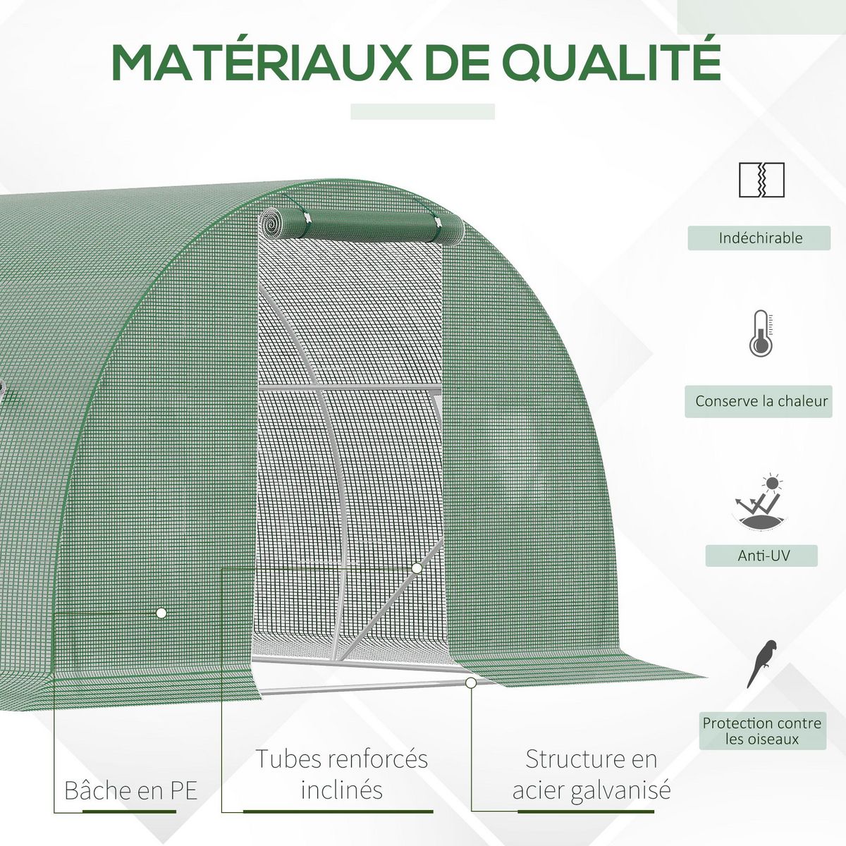 OUTSUNNY Serre tunnel 13,5 m² dim. 4,5 x 3 x 2 m - 6 fenêtres, porte zippée enroulable - acier galvanisé PE haute densité vert
