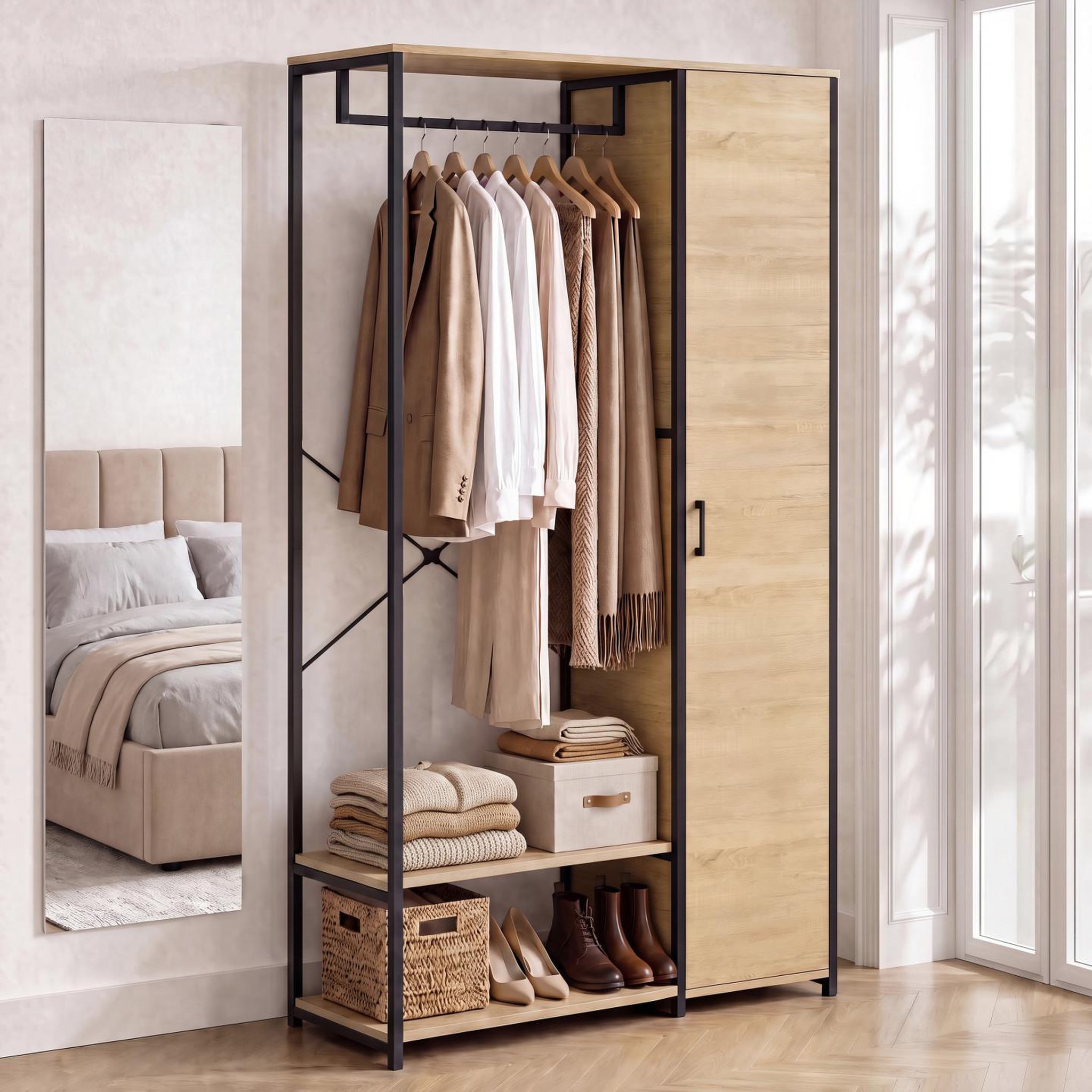 Voir la diapositive 2 : ID MARKET Dressing penderie étagères avec porte l. 90 cm detroit design industriel