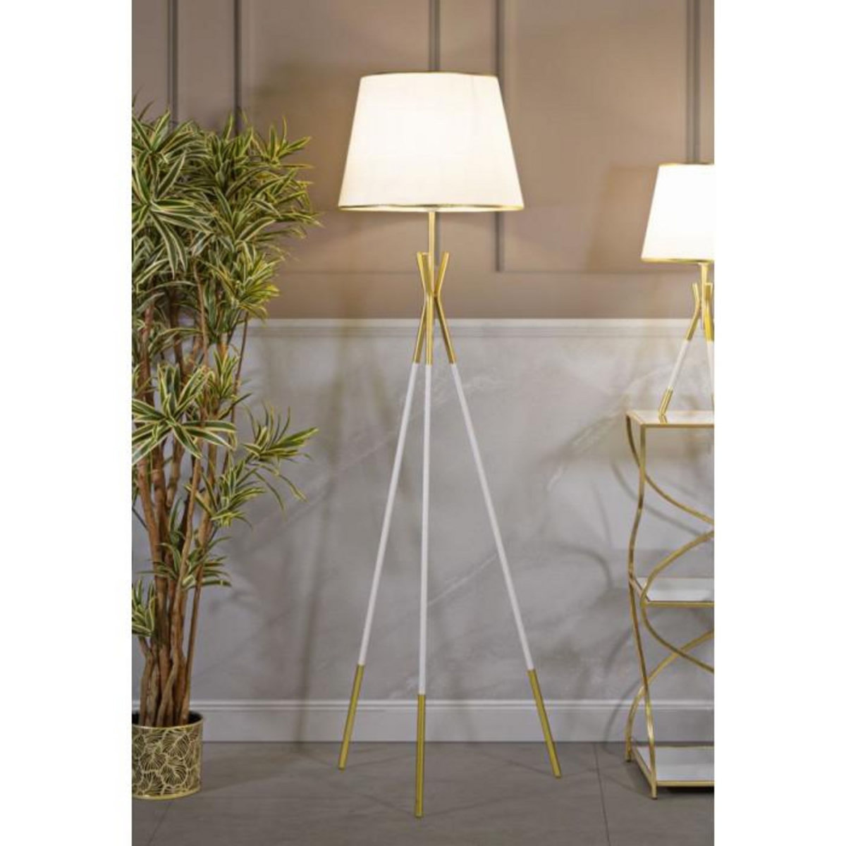 Paris Prix Lampadaire en Métal  Triply  154cm Blanc & Or
