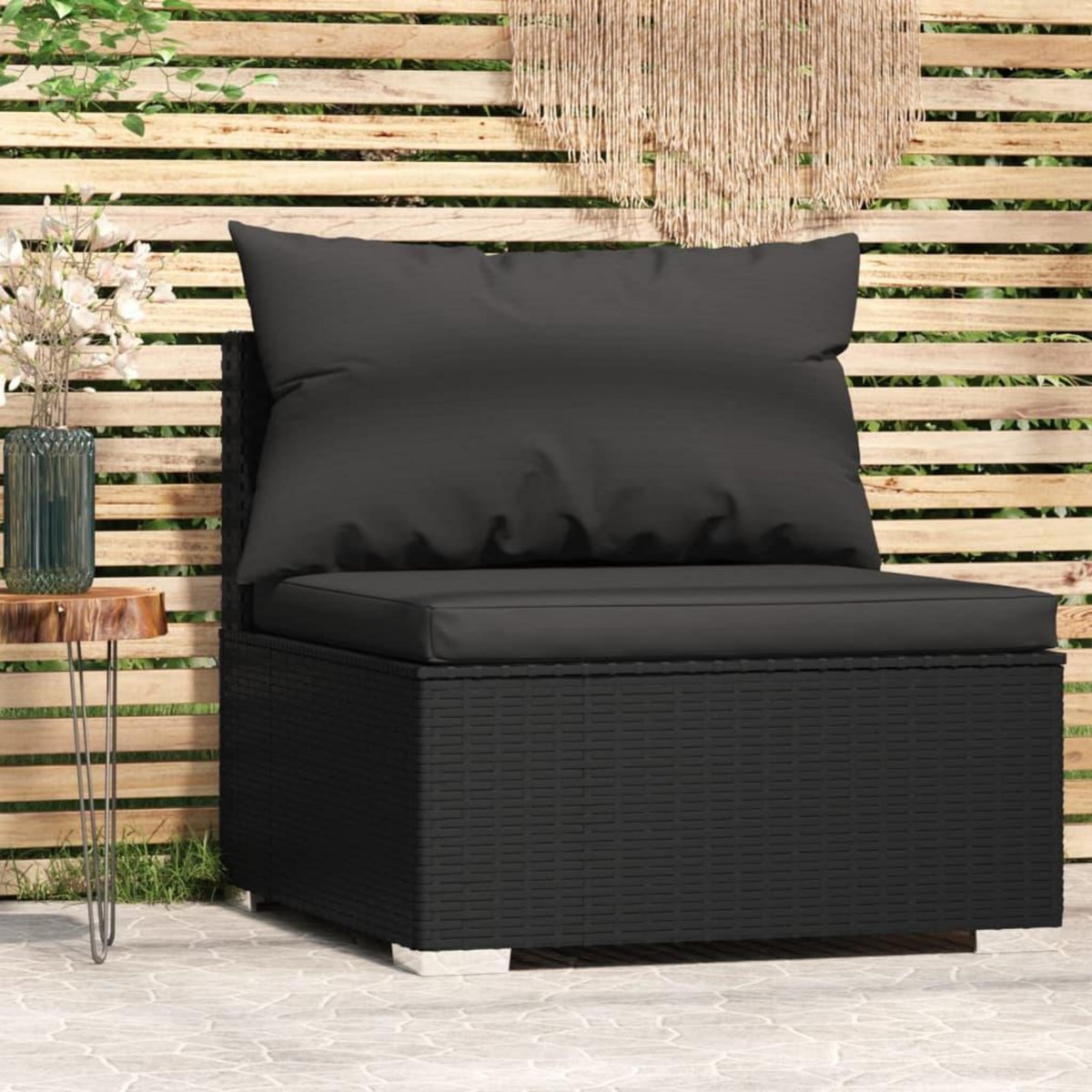 VIDAXL Canape central de jardin avec coussins noir resine tressee