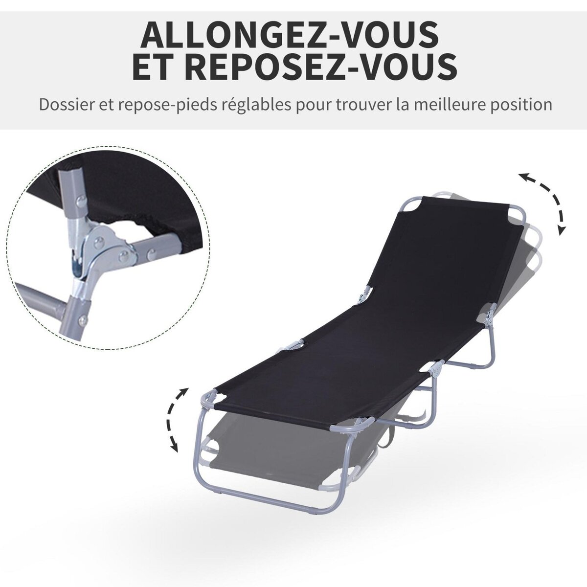 OUTSUNNY Bain de soleil transat pliable dossier réglable multipositions métal et polyester noir