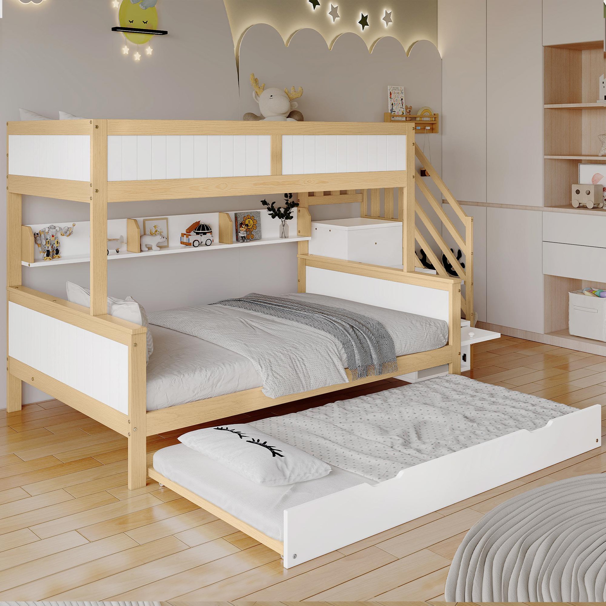 Voir la diapositive 4 : MERAX Lit superposé 90x200cm bois et mdf coloris blanc+naturel