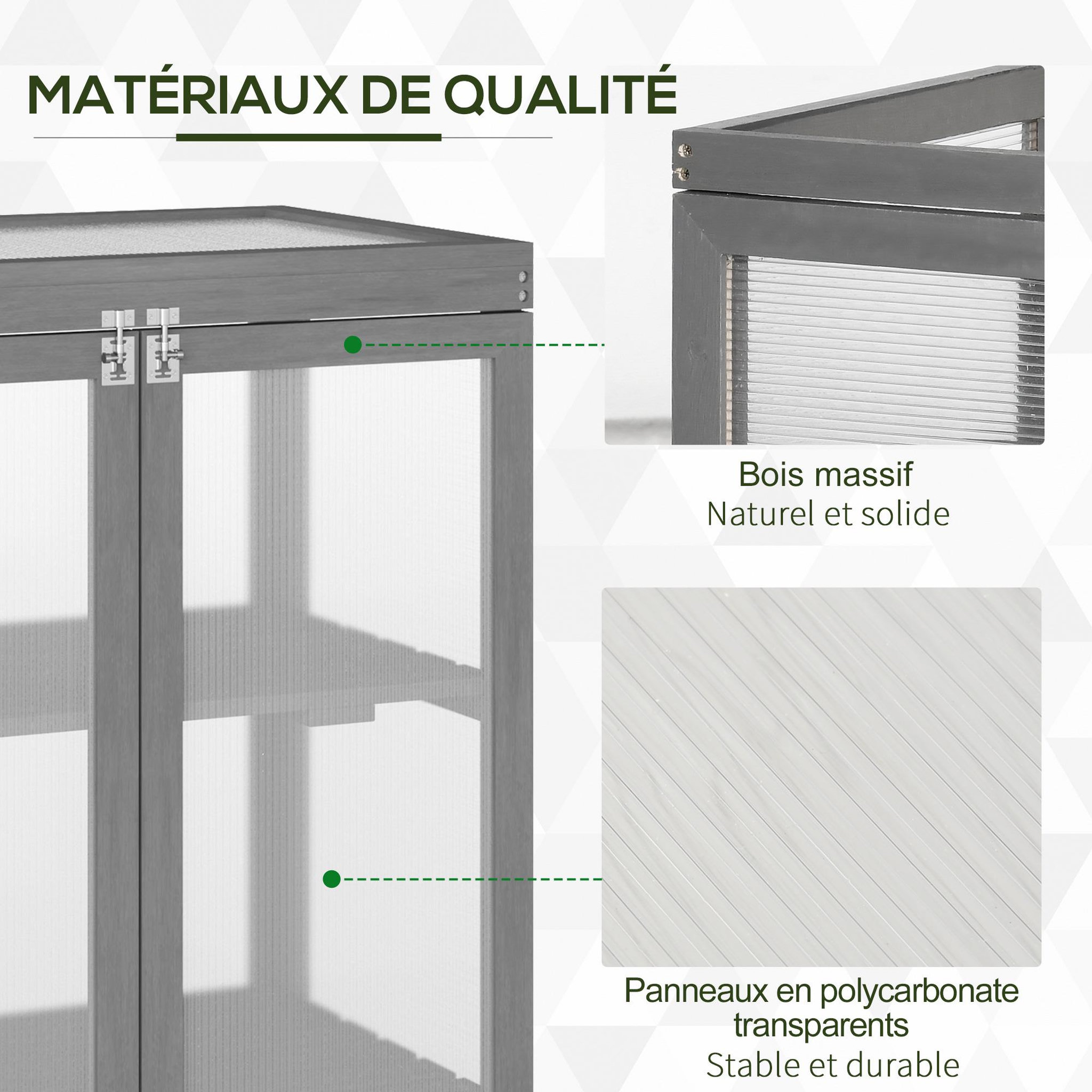 Voir la diapositive 4 : OUTSUNNY Mini serre de jardin 3 niveaux dim. 76L x 47l x 110H cm double porte toit ouvrant bois sapin lasuré gris polycarbonate