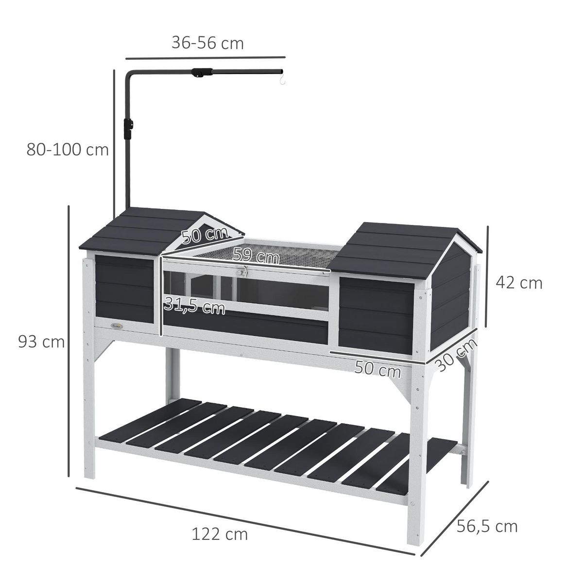 PAWHUT Terrarium maison tortue terrestre - enclos tortue 2 niches, support lampe réglable, toit ouvrable, étagère - bois blanc gris