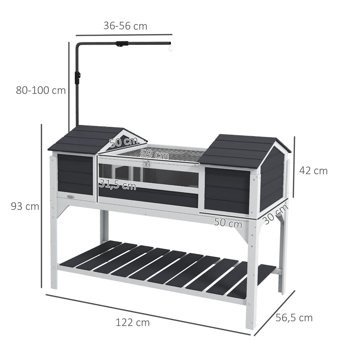 PAWHUT Terrarium maison tortue terrestre - enclos tortue 2 niches, support lampe réglable, toit ouvrable, étagère - bois blanc gris