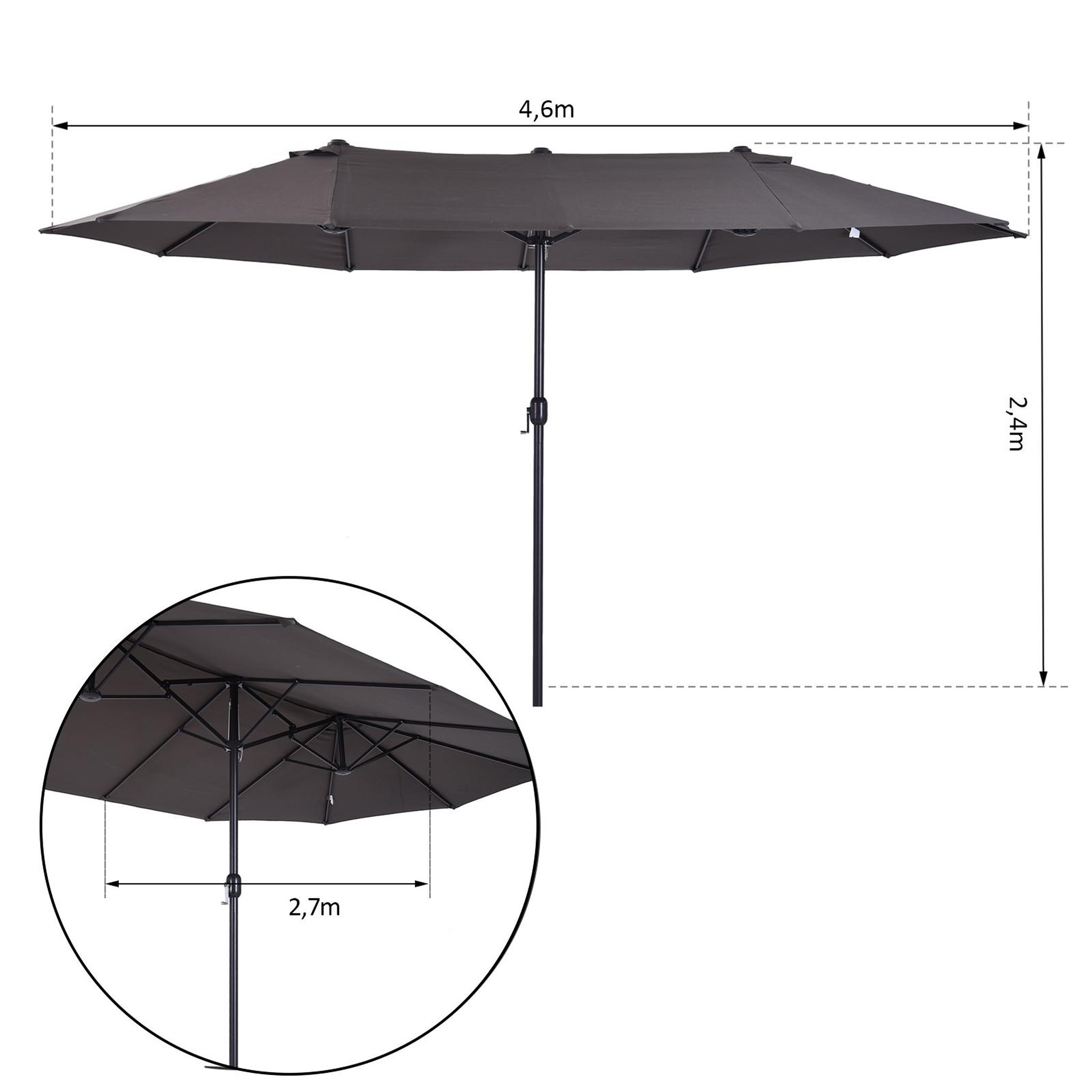 Voir la diapositive 3 : OUTSUNNY Parasol de jardin XXL parasol grande taille 4,6L x 2,7l x 2,4H m ouverture fermeture manivelle acier polyester haute densité gris