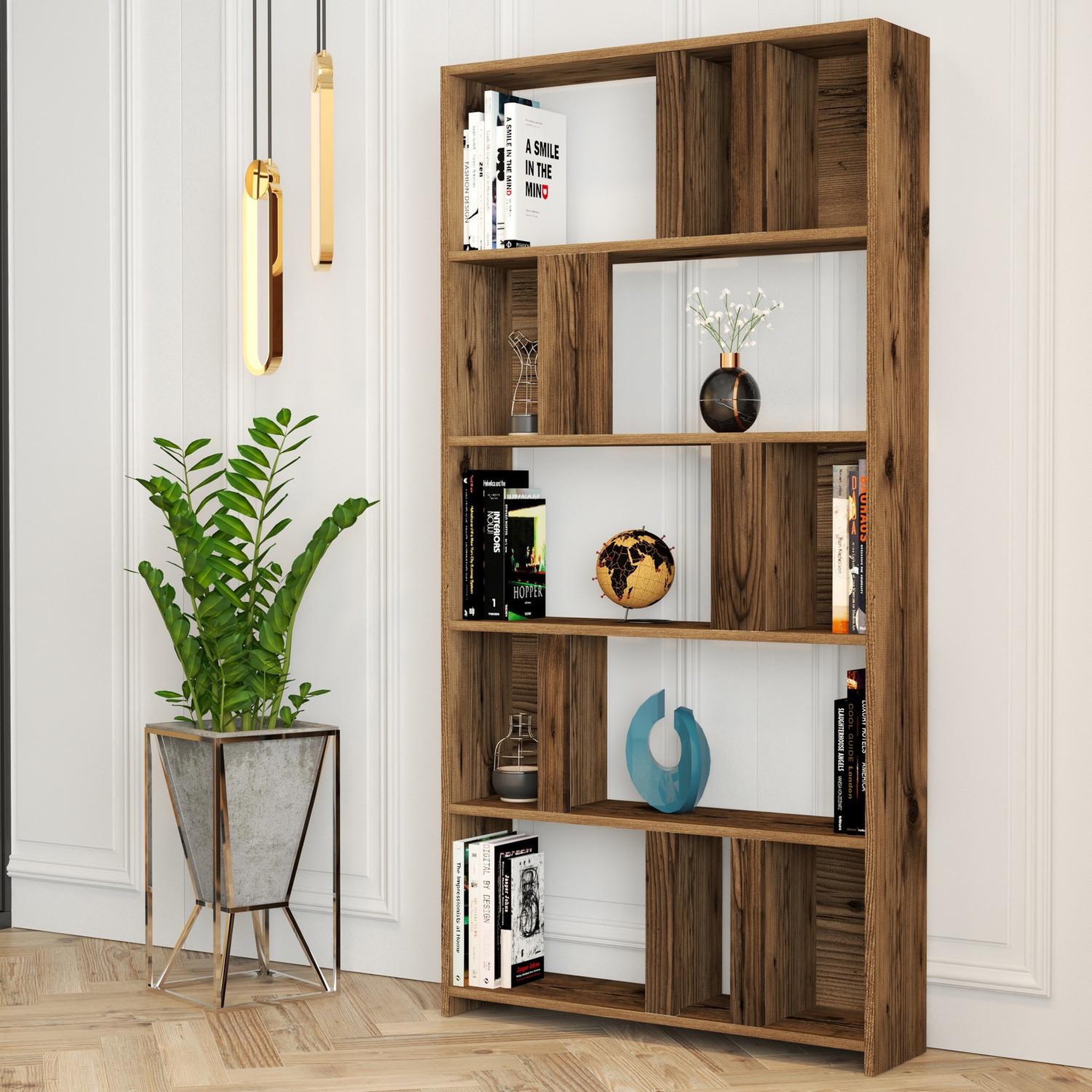 Voir la diapositive 2 : Habitat et Jardin Bibliothèque en bois  lima  - 90 x 20 x 180 cm - noyer