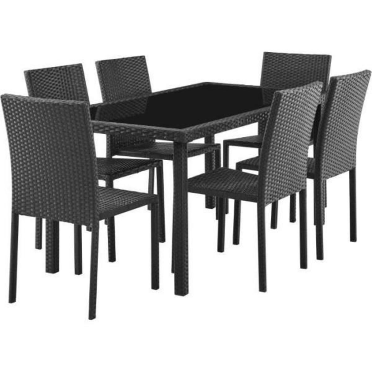 MARKET24 Ensemble repas de jardin - plateau en verre trempé et 6 chaises en résine tressée noir - Table 160x80x73 cm - Chaise : 44x54x