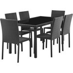 MARKET24 Ensemble repas de jardin - plateau en verre trempé et 6 chaises en résine tressée noir - Table 160x80x73 cm - Chaise : 44x54x