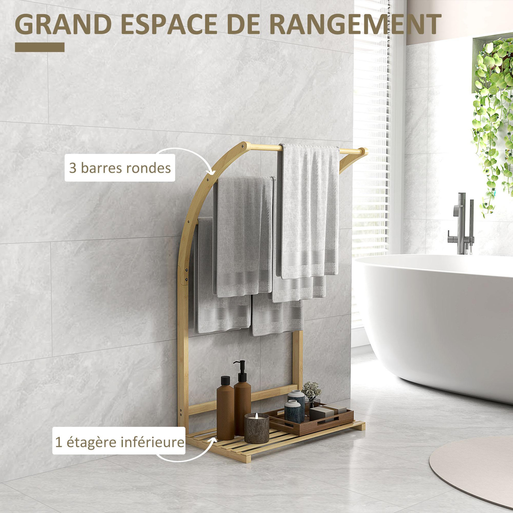 Voir la diapositive 5 : HOMCOM Porte-serviettes style cosy bambou verni 3 barres étagère sol H.84 cm