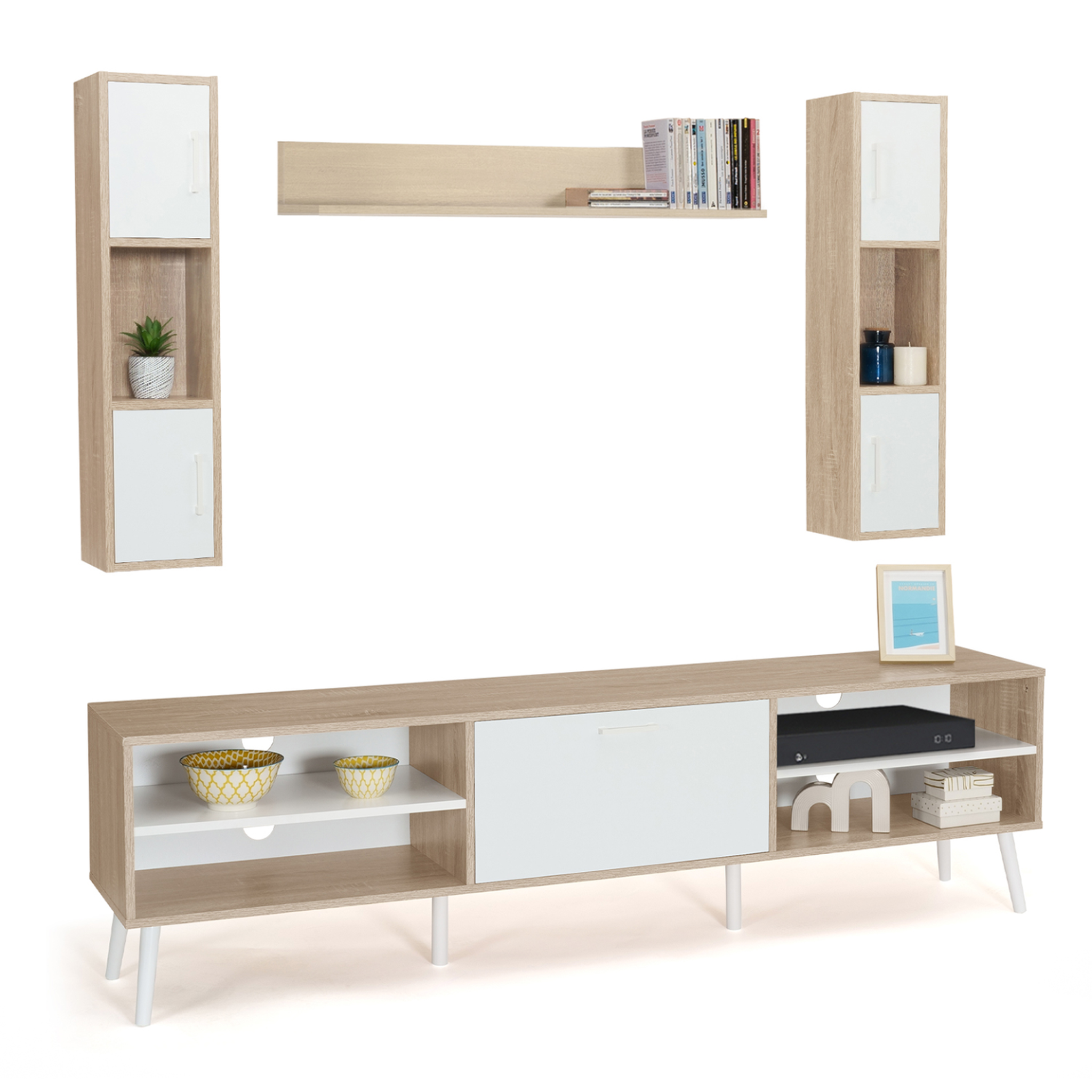 ID MARKET Ensemble meuble tv 180 cm et étagères houston bois et blanc